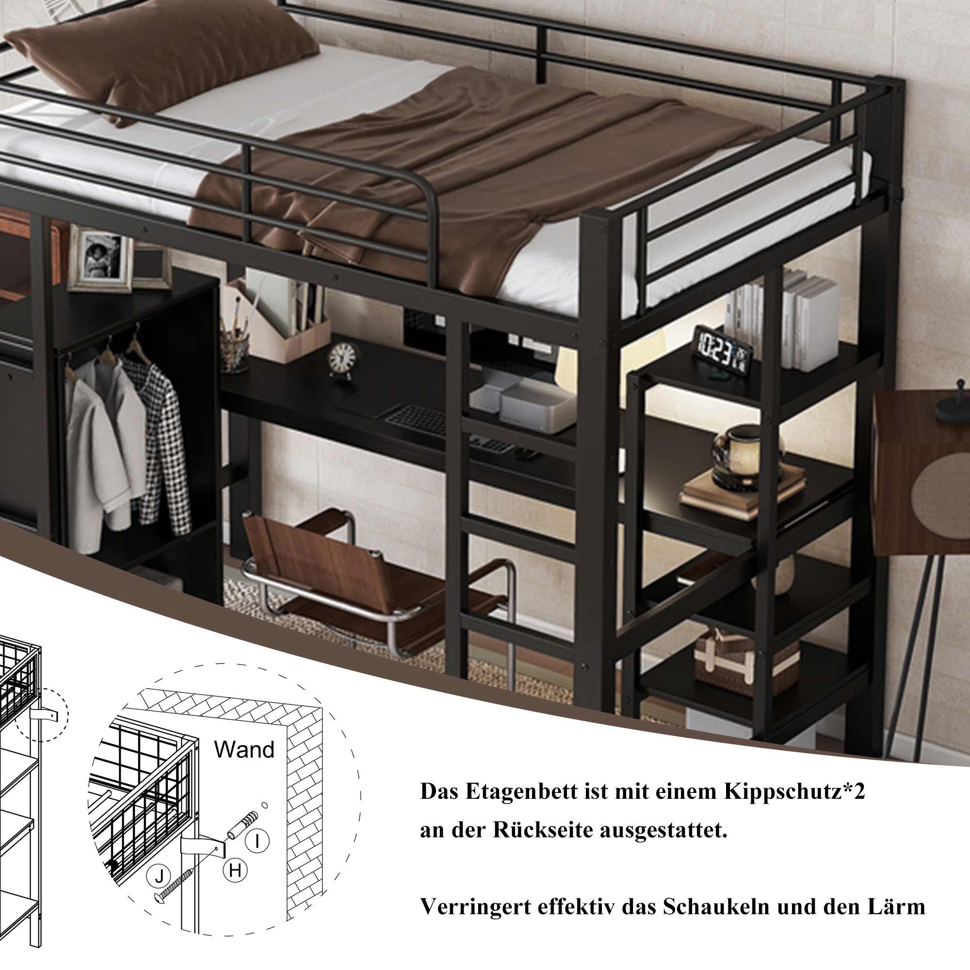 Lit mezzanine 90 x 200 cm en fer avec bureau de 2 - image 7