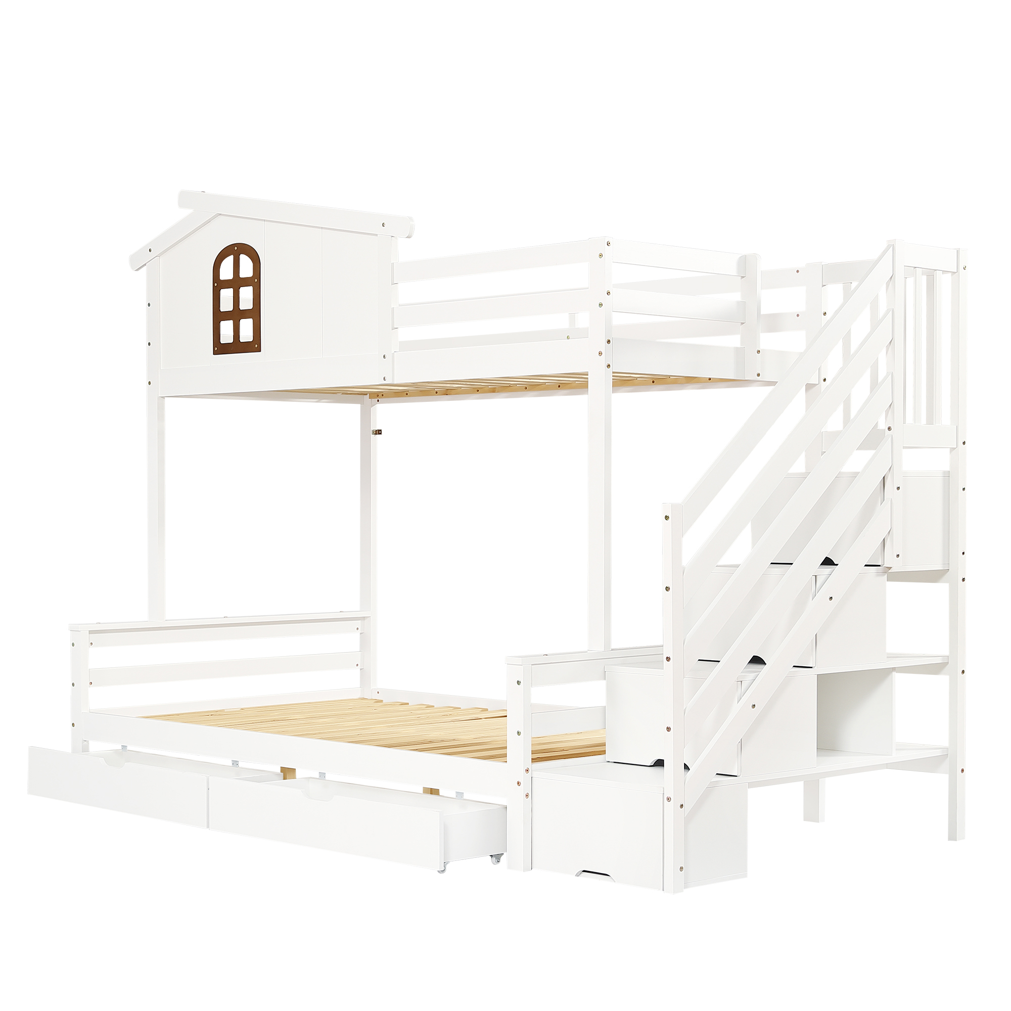 Lit superposé enfant pin/MDF/contreplaqué avec 2 tiroirs à roulettes, échelle-coffre d'angle, fenêtres exquises, pour chambre d'enfant, beaucoup de rangement, sécurité, design charmant, stabilité, durabilité - image 13