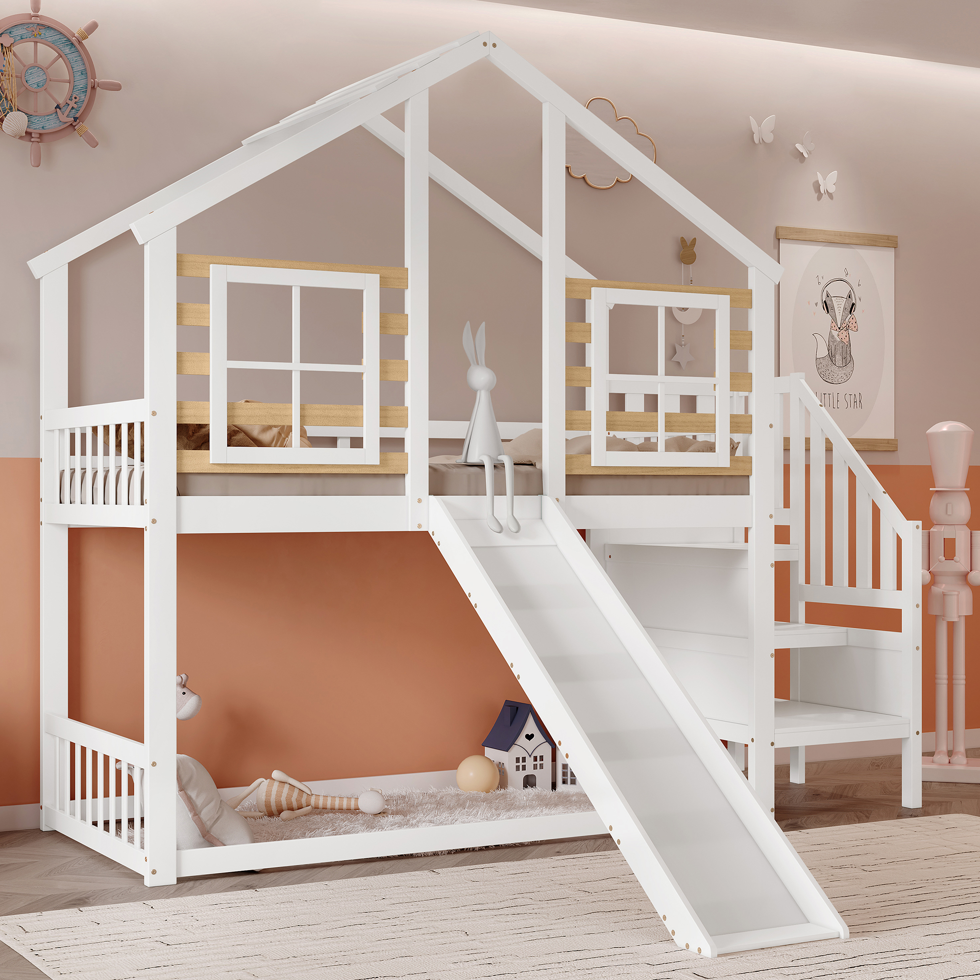 [30813839WAA] Etagenbett, Holzbett mit Treppe und 