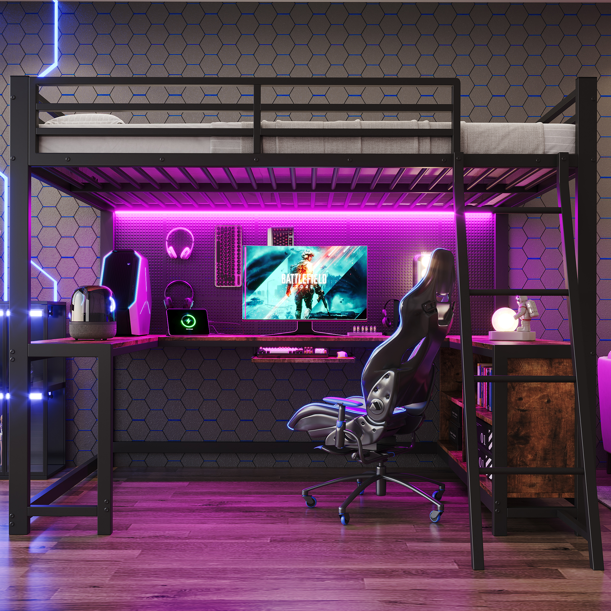 Détail du lit mezzanine gamer noir 120 × 200 cm avec bureau et led