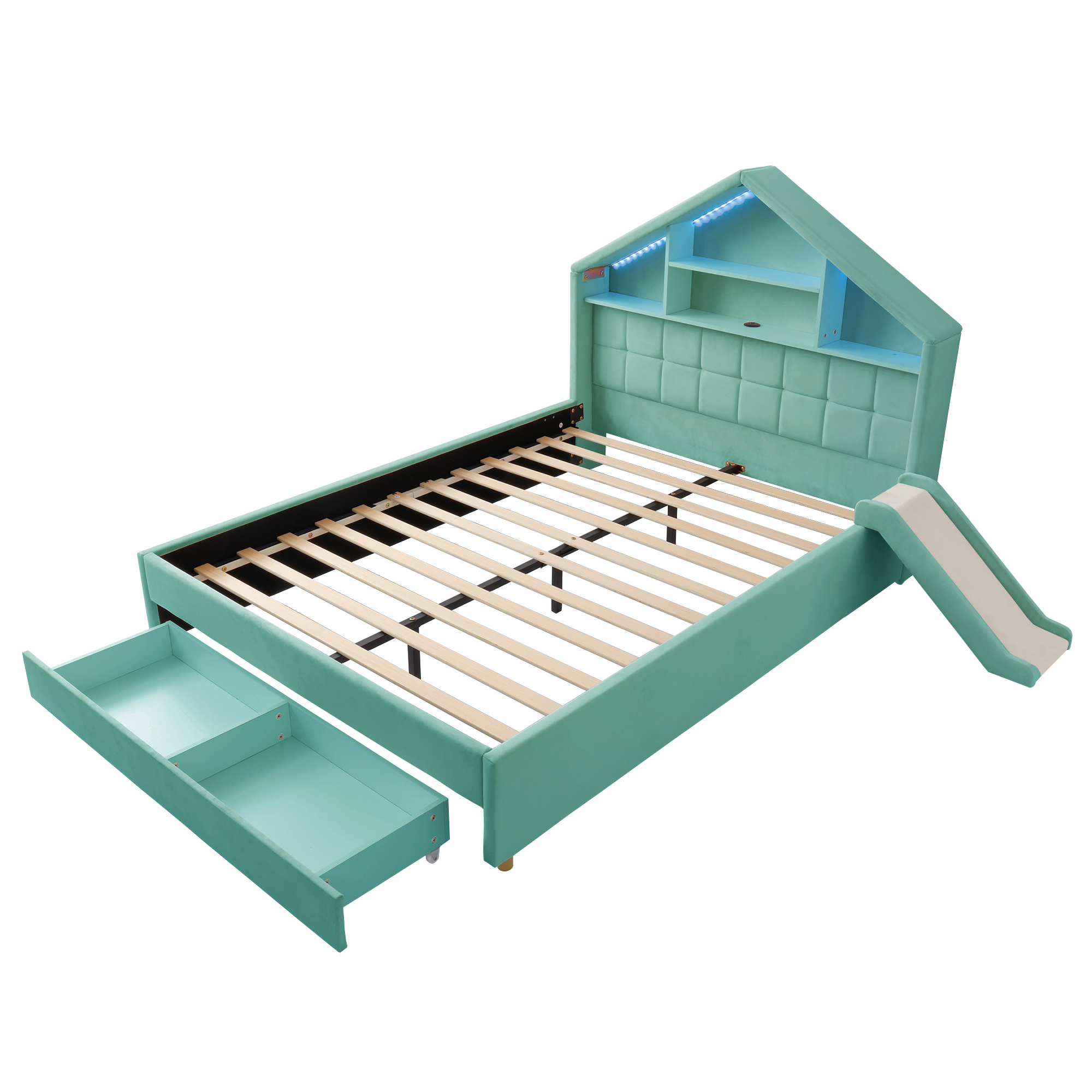 Lit cabane 140 x 200 cm avec échelle, toboggan, LED, ports de charge, velours, Bleu-vert - vue complémentaire