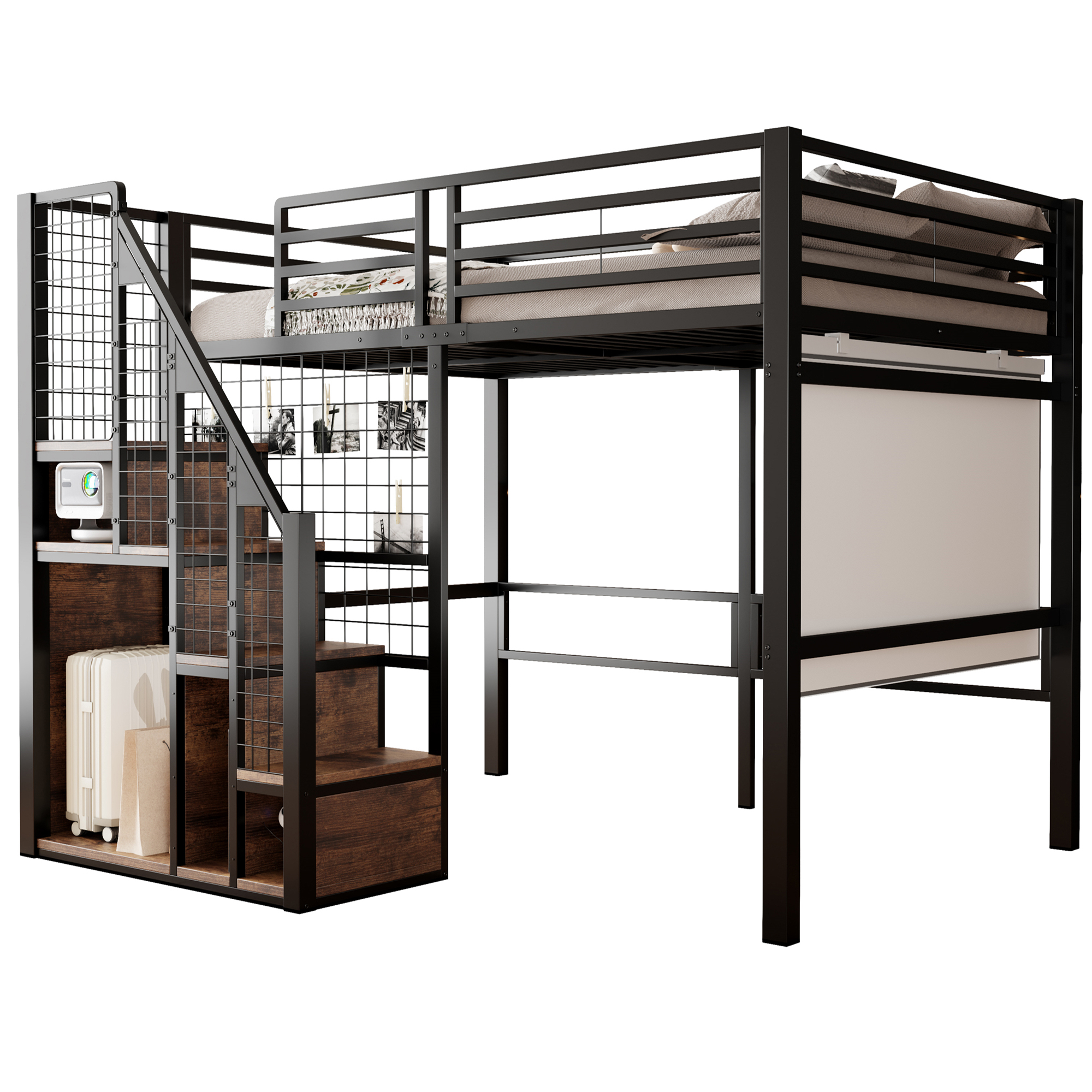 Dimensions et détails du lit mezzanine en métal 140 x 200 cm avec rangement penderie, escalier et espace inférieur noir