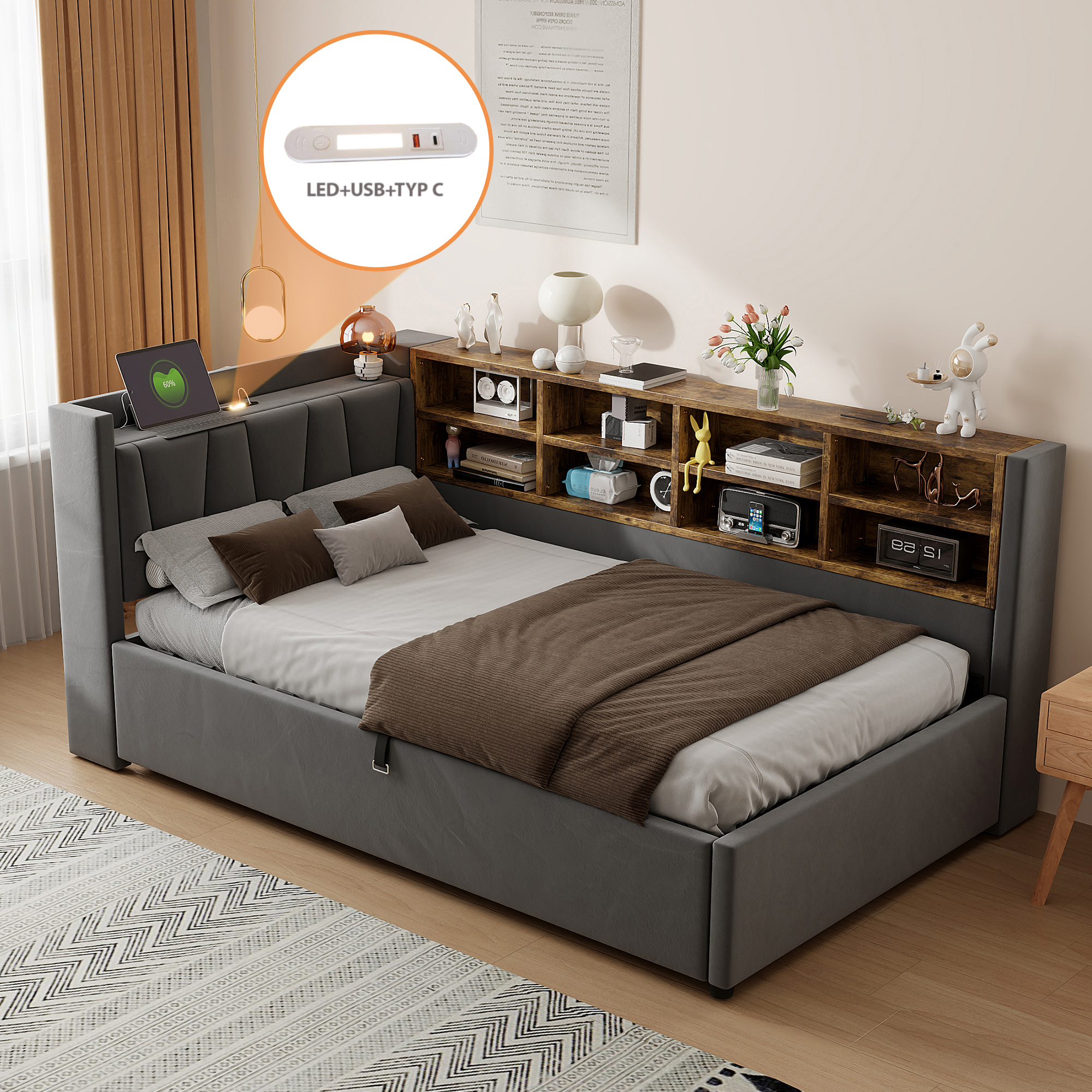 Détail du module intégré avec éclairage LED, port USB-A et port USB-C sur le dossier du lit gris foncé