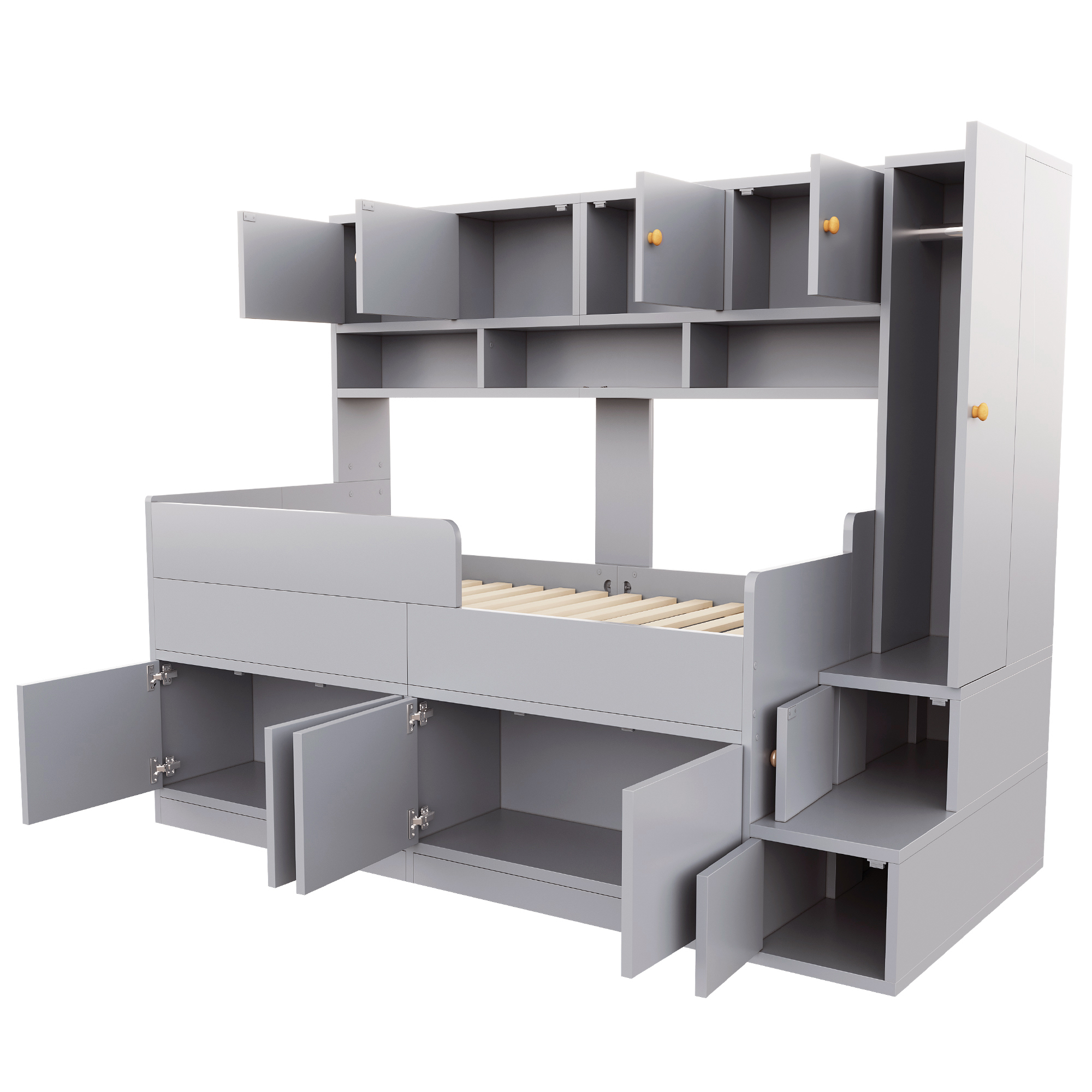 Lit enfant 90 x 200 cm avec bureau, échelle, LED, penderie, bois, Gris - vue complémentaire