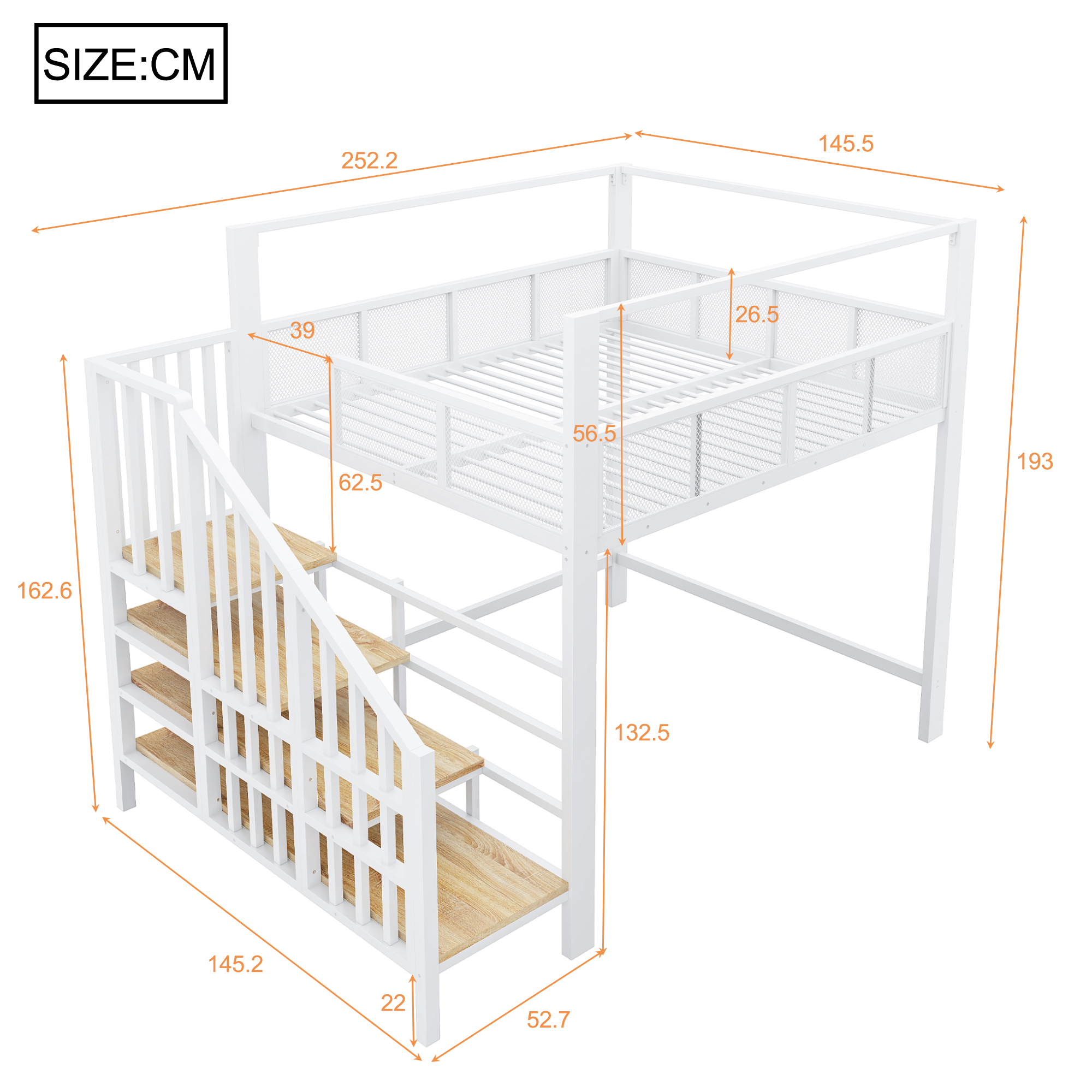 Lit mezzanine 140 x 200 cm, bureau intégré, escalier de rangement, baldaquin, garde-corps, métal, blanc, 252,2 x 145,5 x 193 cm - vue complémentaire 1