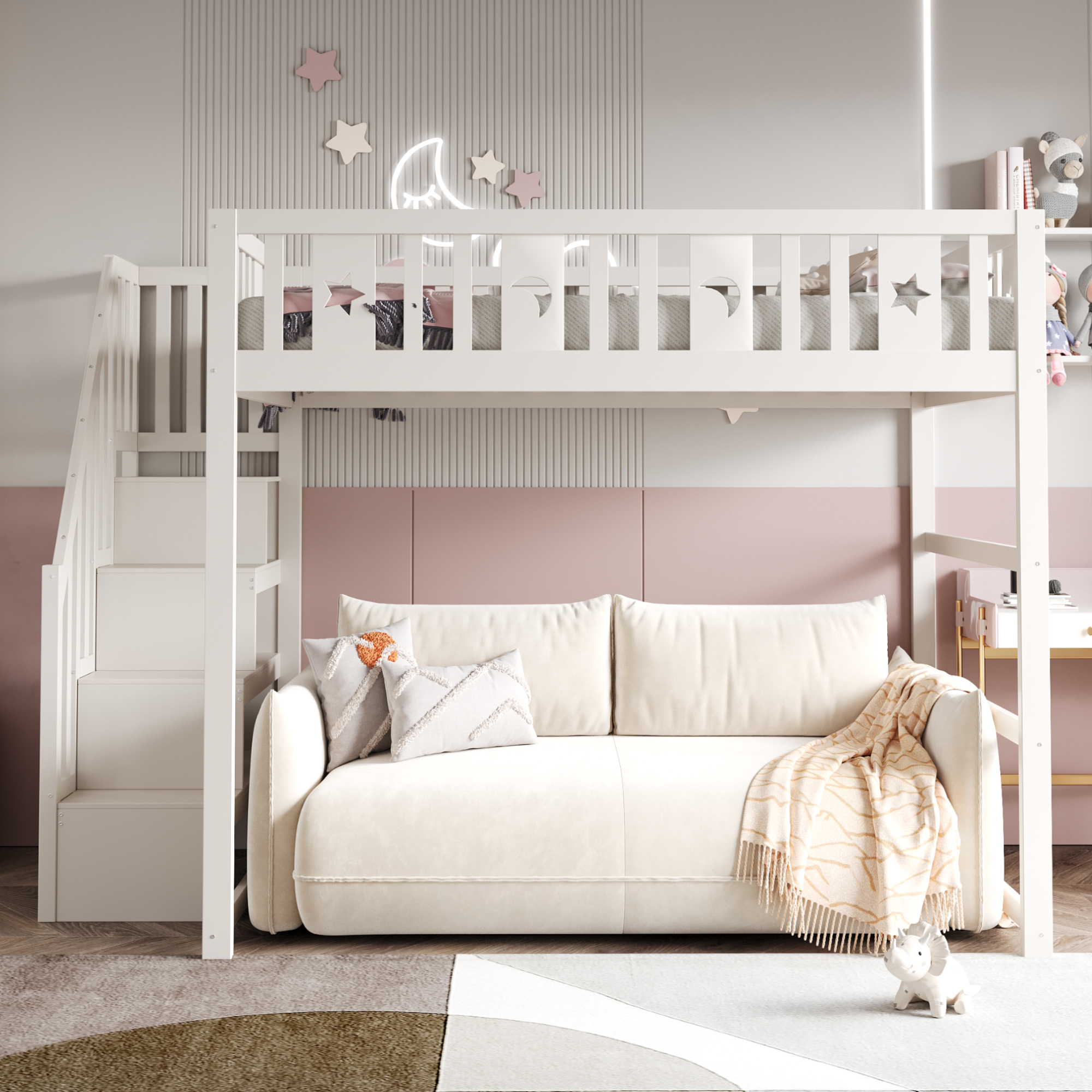 Lit mezzanine enfant 140 x 200 cm en bois massif avec escalier de rangement, détails étoile et lune, blanc