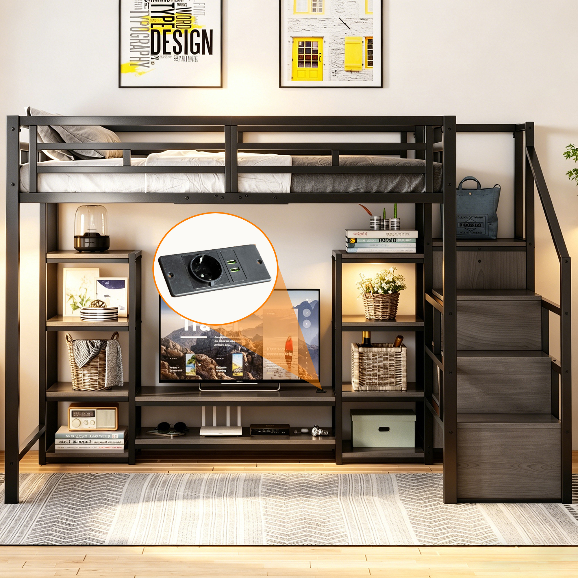 Lit mezzanine 140 x 200 cm noir avec support TV et prise intégrée