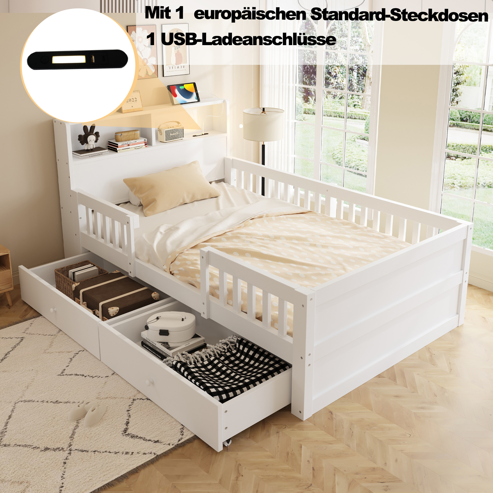 Lit enfant 90 x 190 cm, 2 tiroirs, éclairage LED intégré à la tête de lit, USB et USB-C, bois de pin, blanc, 205 x 95 x 80 cm - points forts 1