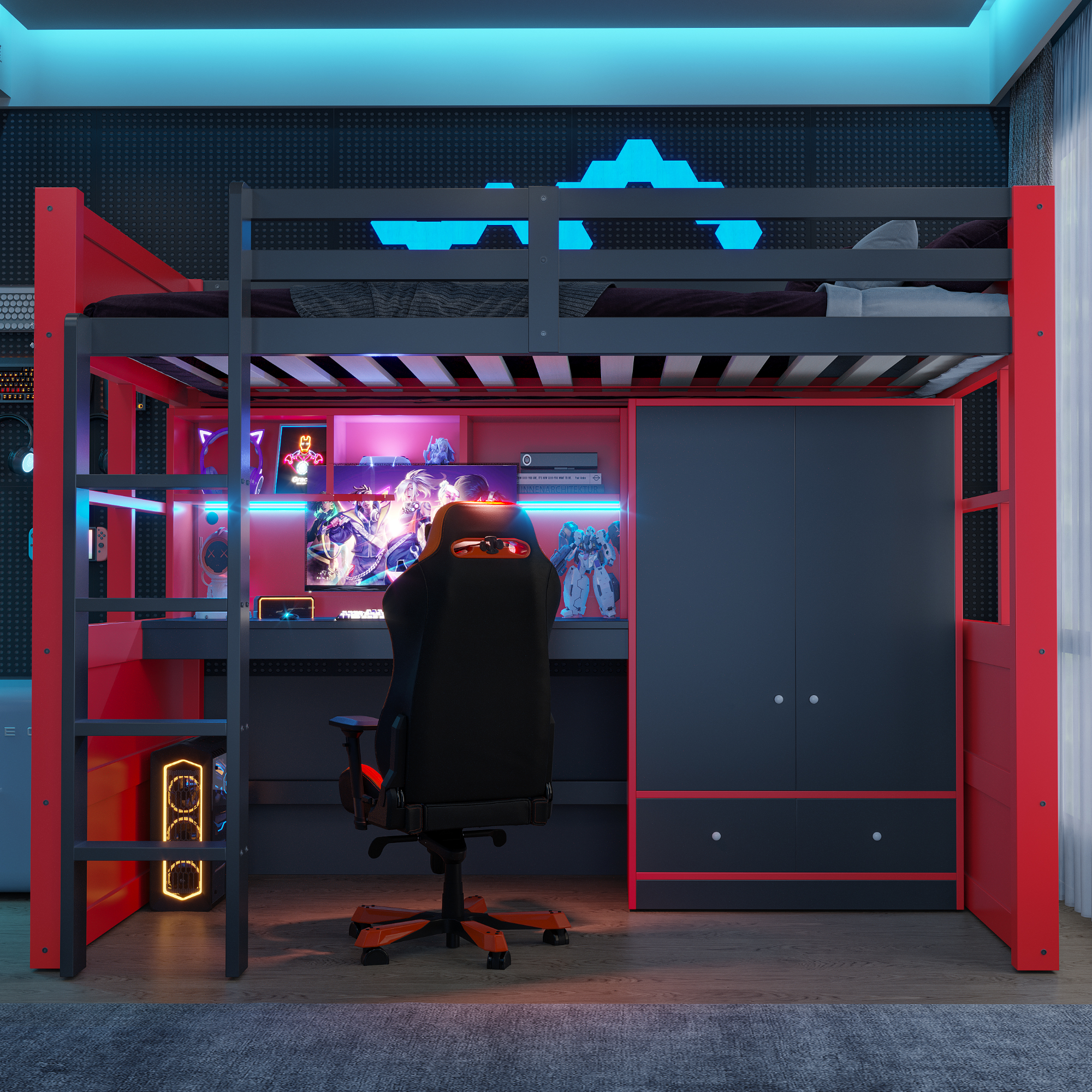 Lit mezzanine 90x200 cm gain de place 205x100,5x174 cm en bois Noir + Rouge - vue principale 1