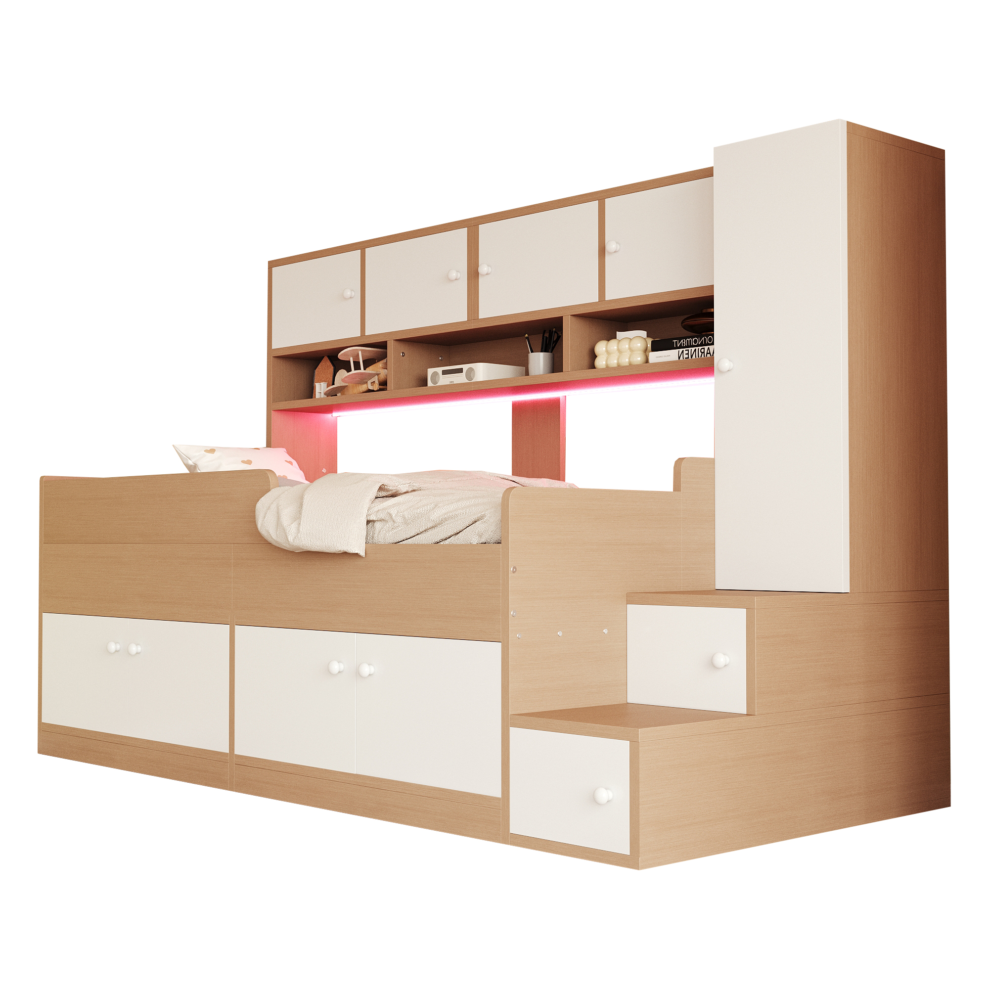 Dimensions et détails du lit enfant 90 x 200 cm avec rangements, armoire, échelle, led et structure mdf bois naturel