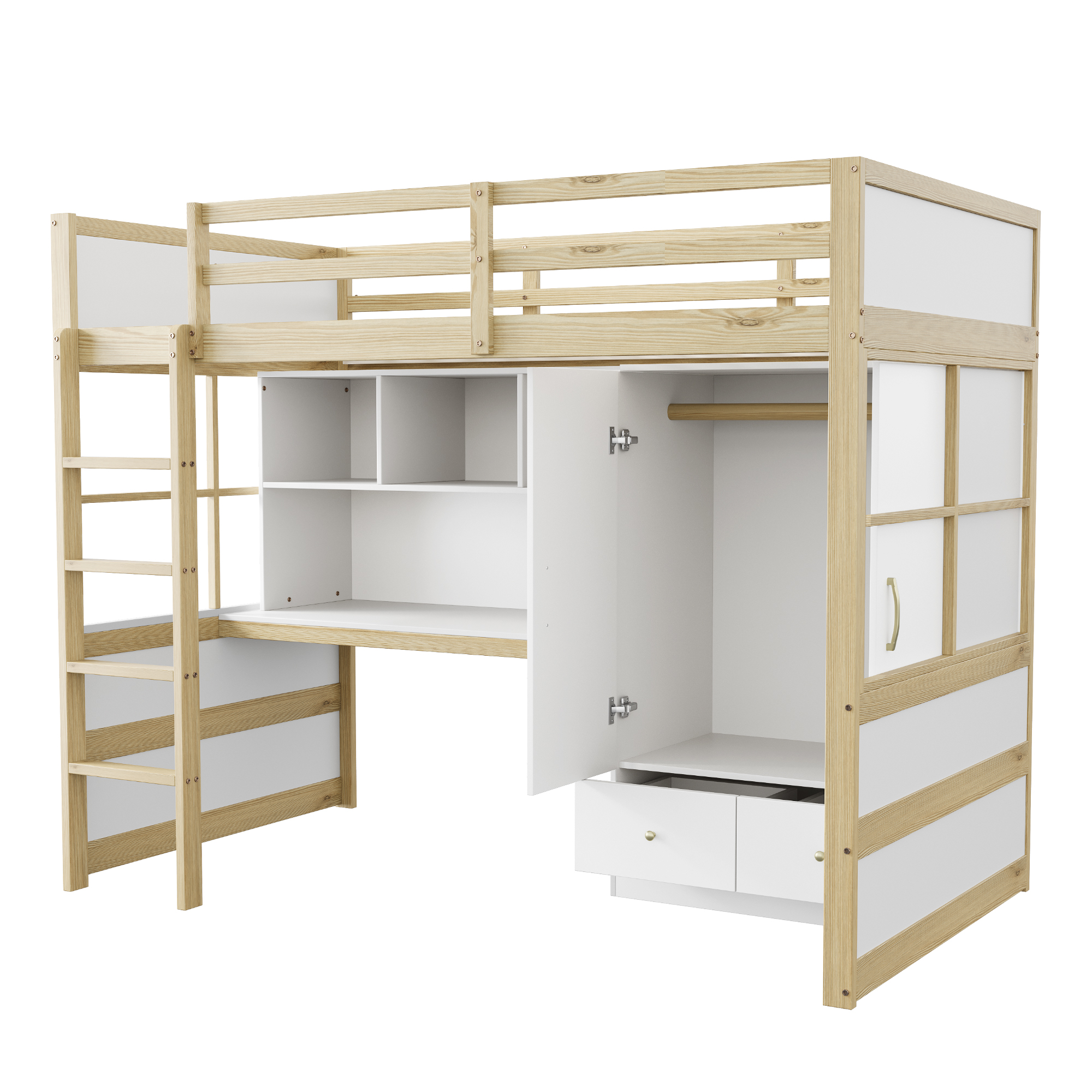 Lit mezzanine 90x200 cm gain de place 204,5x102x174 cm en bois Bois naturel - spécifications 1
