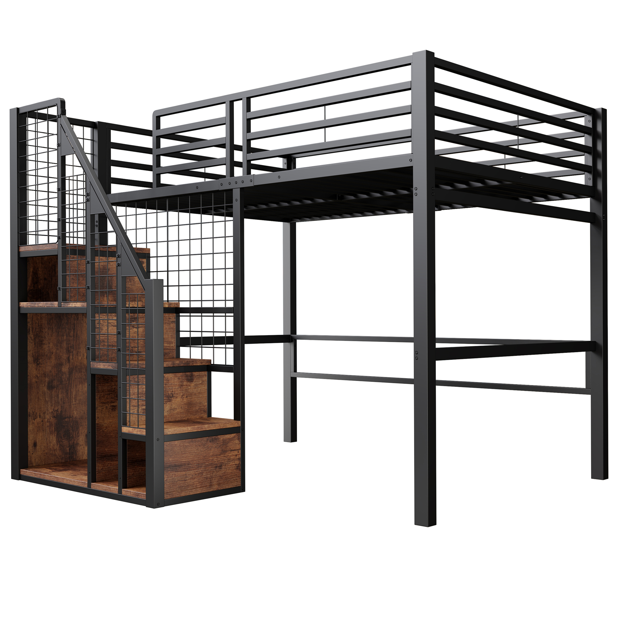 Lit mezzanine en métal 140 x 200 cm avec rangement penderie, escalier et espace inférieur noir en situation