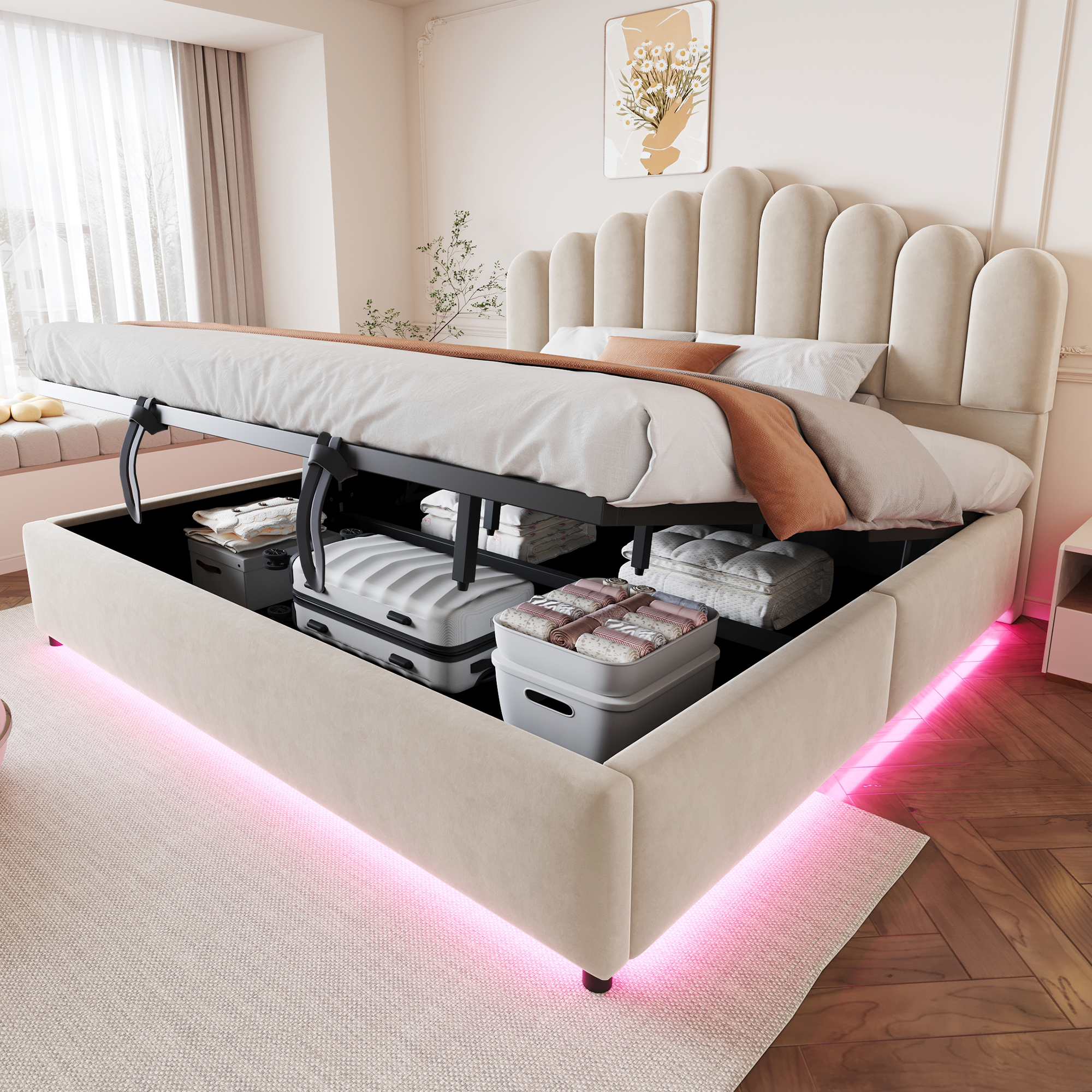 Lit coffre rembourré en velours 180 x 200 cm avec rangement hydraulique, LED et sommier à lattes, Beige