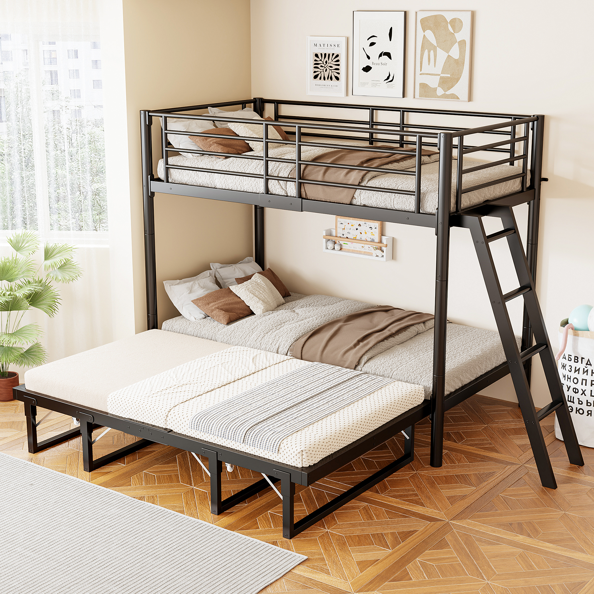 Lit superposé noir avec couchage inférieur déployé