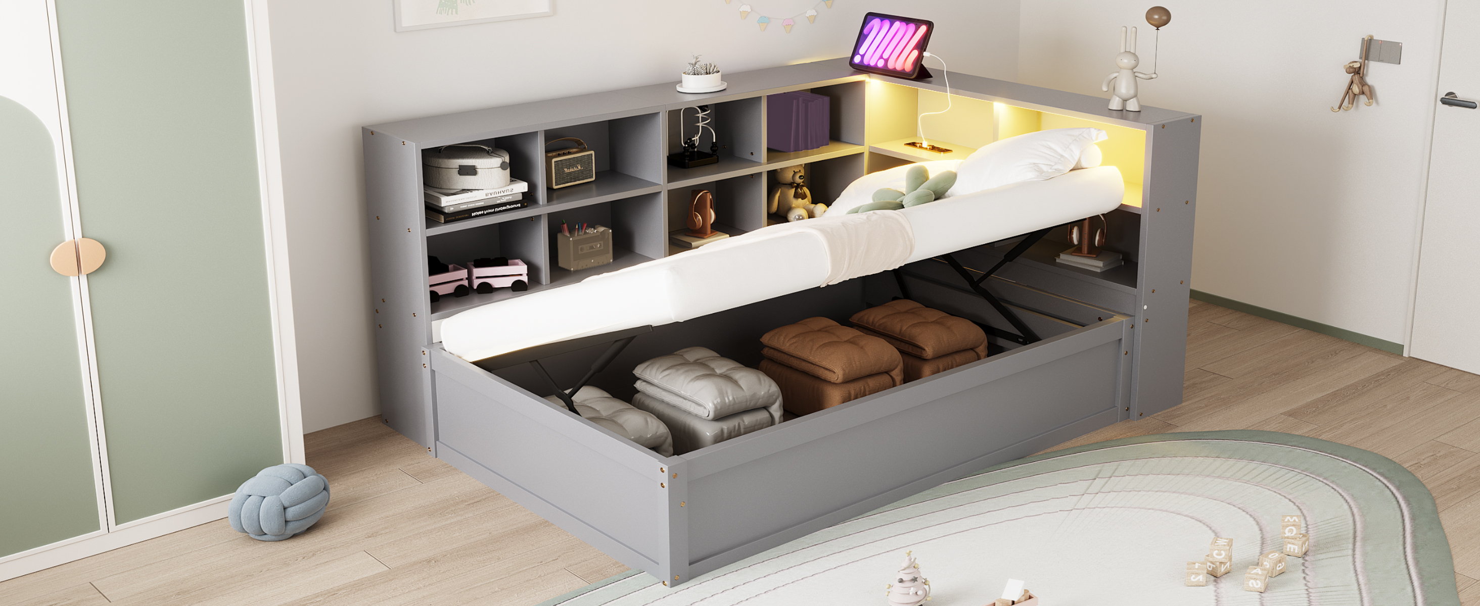Lit simple en bois massif, prise multifonction intégrée, rangements multiples, bande LED contrôlable par smartphone/télécommande, pour chambre, recharge appareils, beaucoup de stockage, ambiance personnalisée, design moderne - image 12