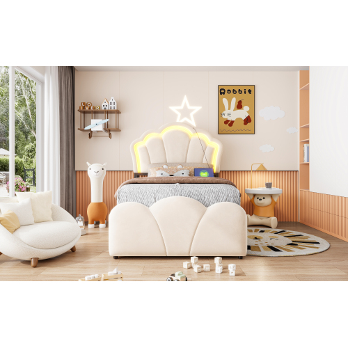 Détails du lit avec rangement, prises et éclairage LED