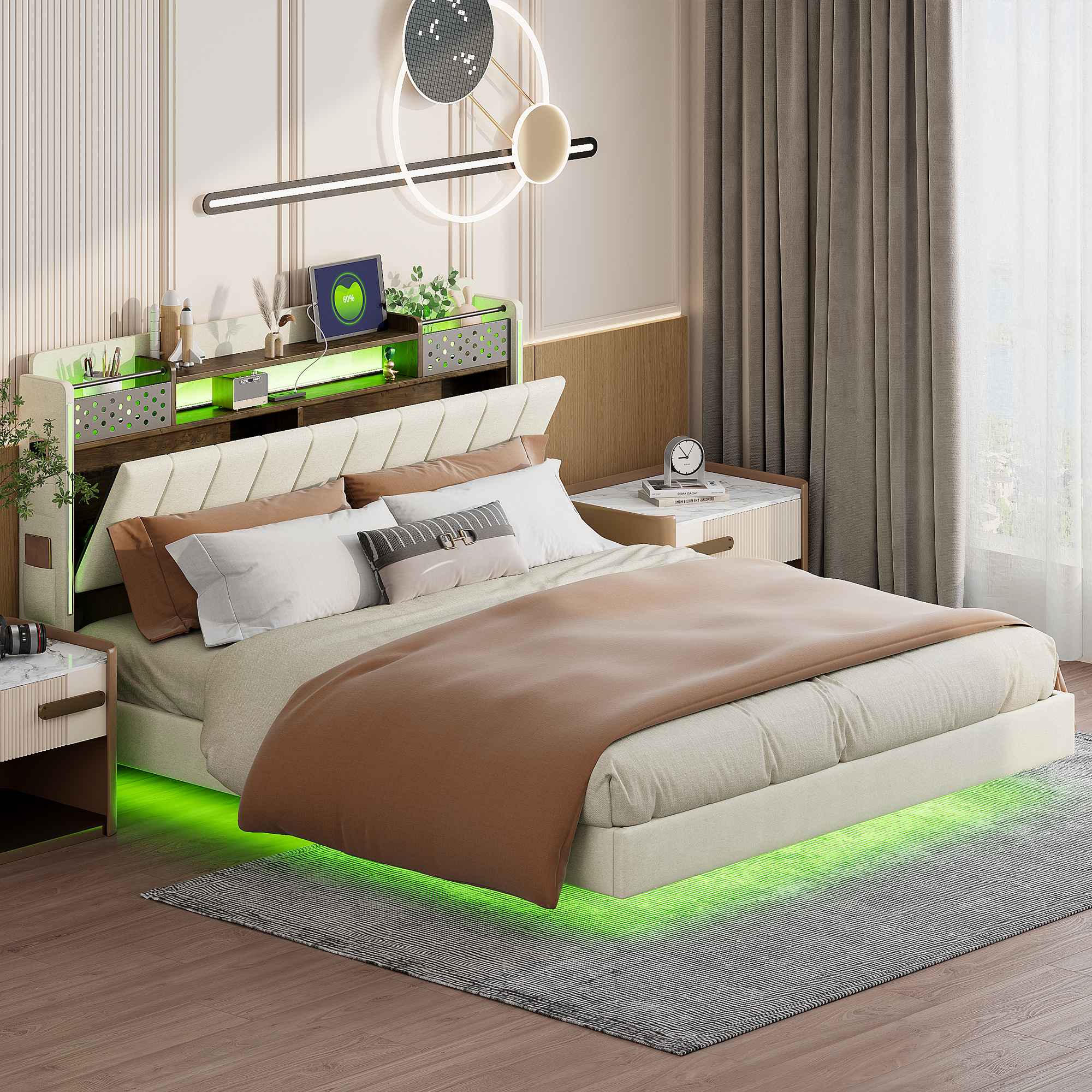 Lit rembourré 160 x 200 cm, éclairage LED à la tête et au pied du lit, prise intégrée, rangements intégrés, lin, métal, contreplaqué et MDF, beige, 222,5 x 165,5 x 111 cm - vue principale 1
