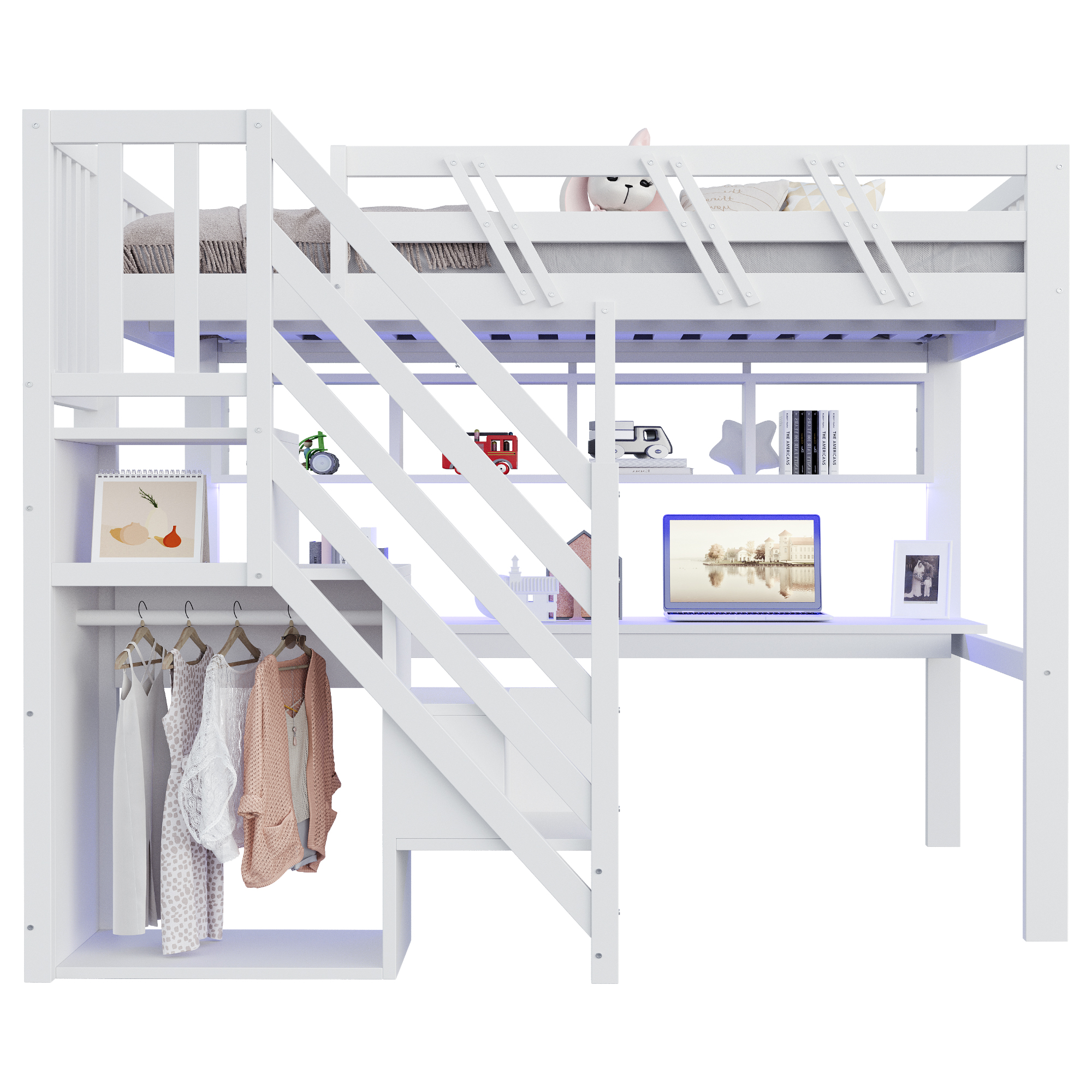 Lit enfant 140 x 200 cm avec bureau, LED, ports de charge, rangements, bois, Blanc - dimensions et détails