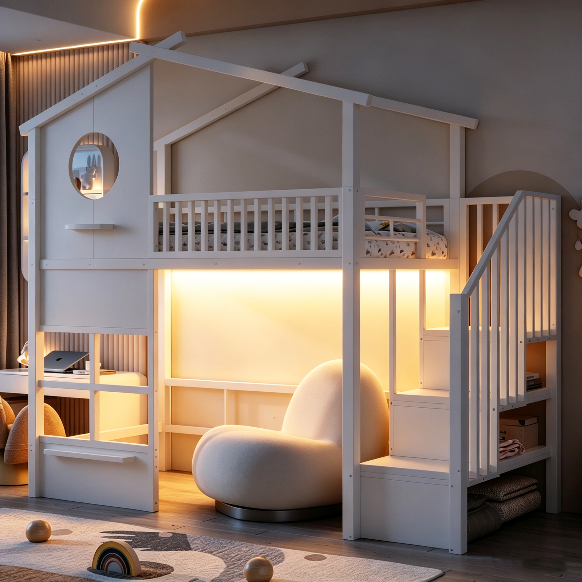Lit mezzanine enfant maison rose blanc