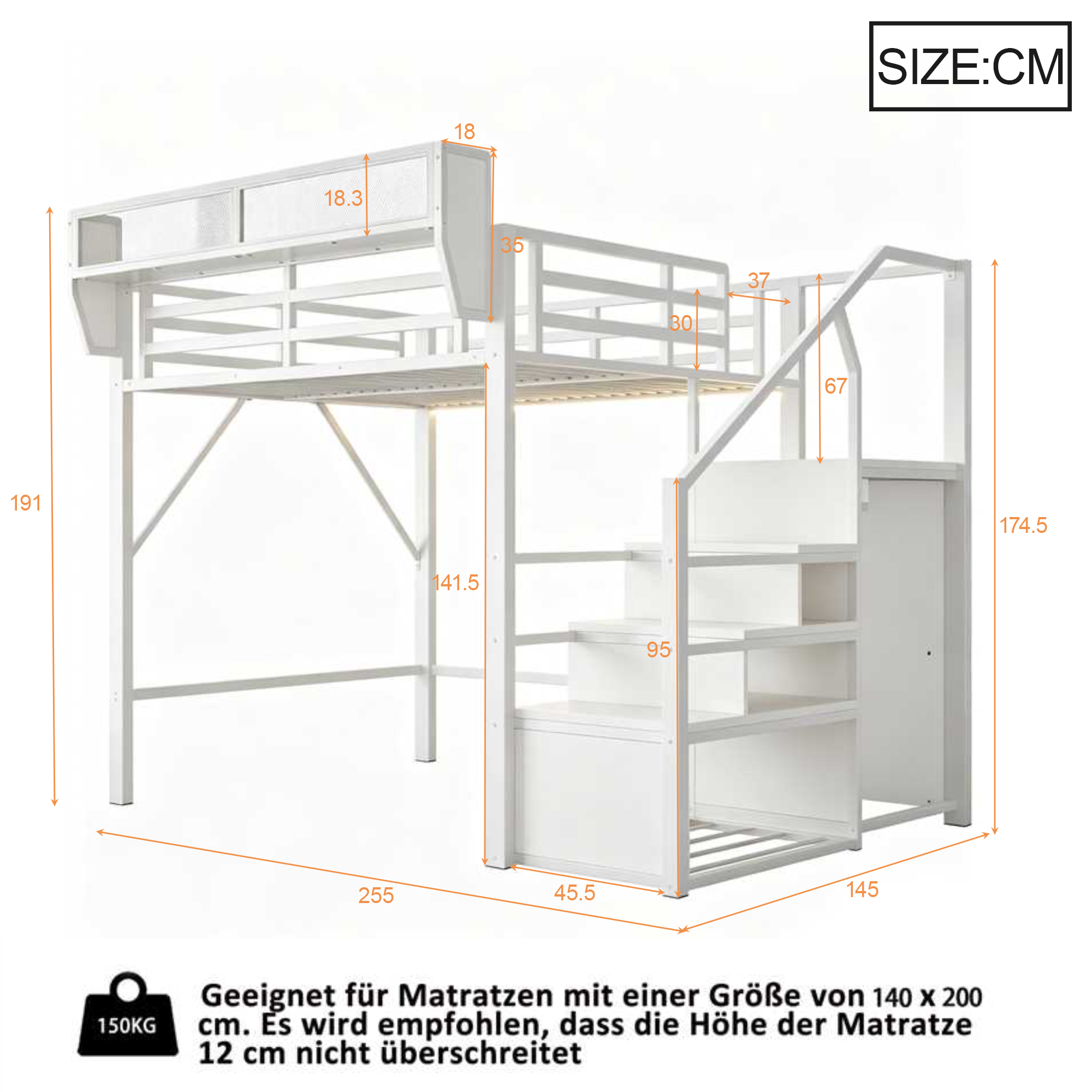 Lit mezzanine 140x200 cm avec LED, bureau, étagères et rangements, métal Blanc - vue complémentaire 1