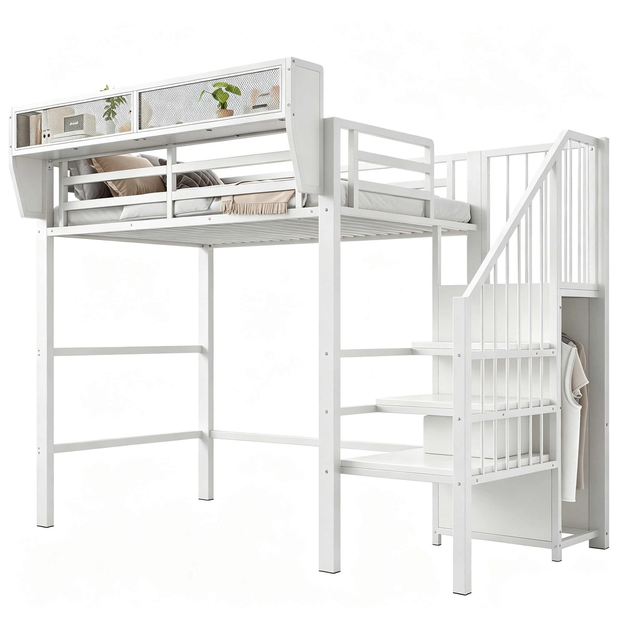 Lit mezzanine 90x200 cm avec LED, bureau, étagères et rangements, métal Blanc - présentation 1