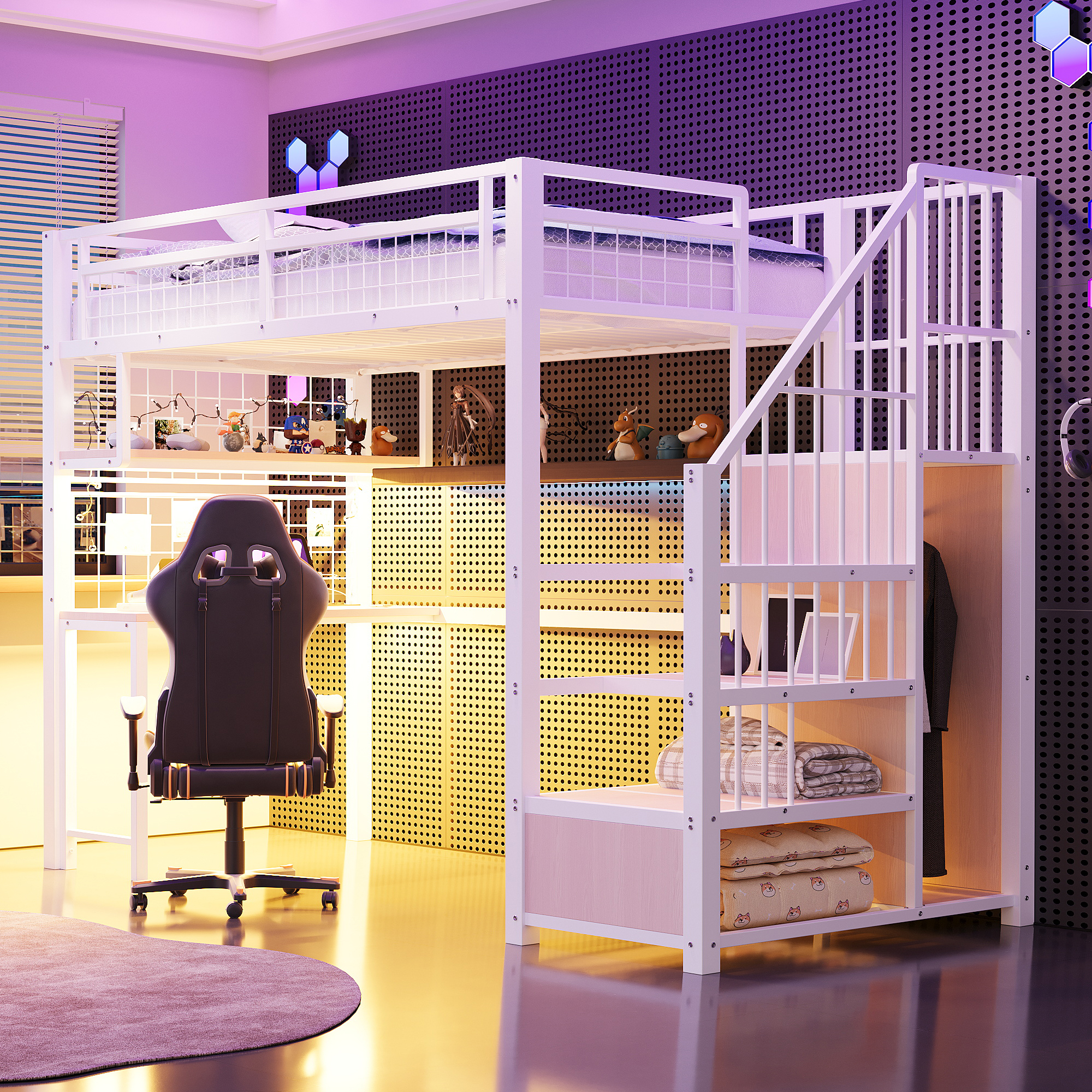 Lit mezzanine métallique avec rangement et bureau