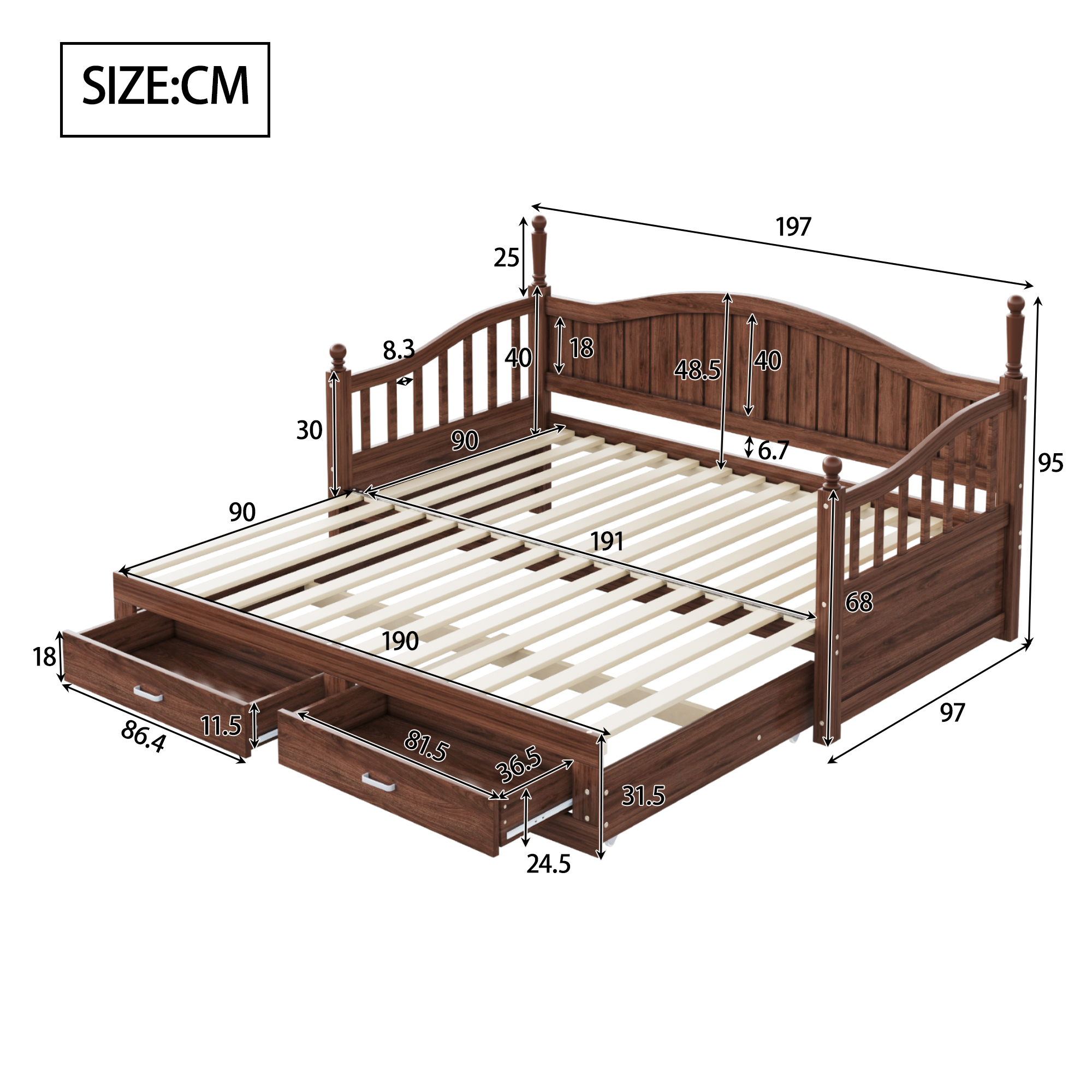 Canapé-lit en bois massif escamotable 90×190→180×190 cm, 2 tiroirs, dossier courbé élégant, accoudoirs arrondis, pour salon et chambre, utilisation polyvalente, beaucoup de rangement, design classique, stabilité, durabilité - image 10