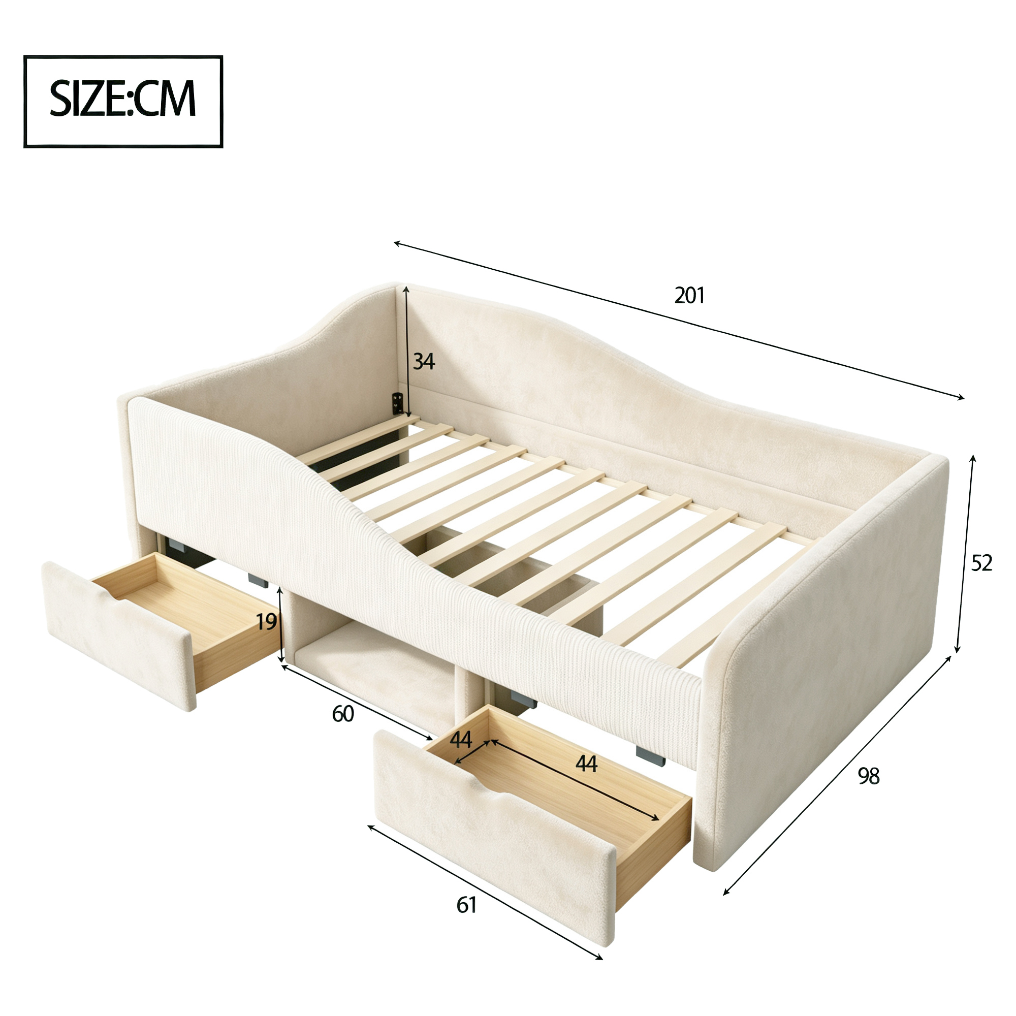 Dimensions et fonctions de Lit rembourré en velours 90 x 190 cm avec tiroirs et sommier à lattes, Beige, sans matelas
