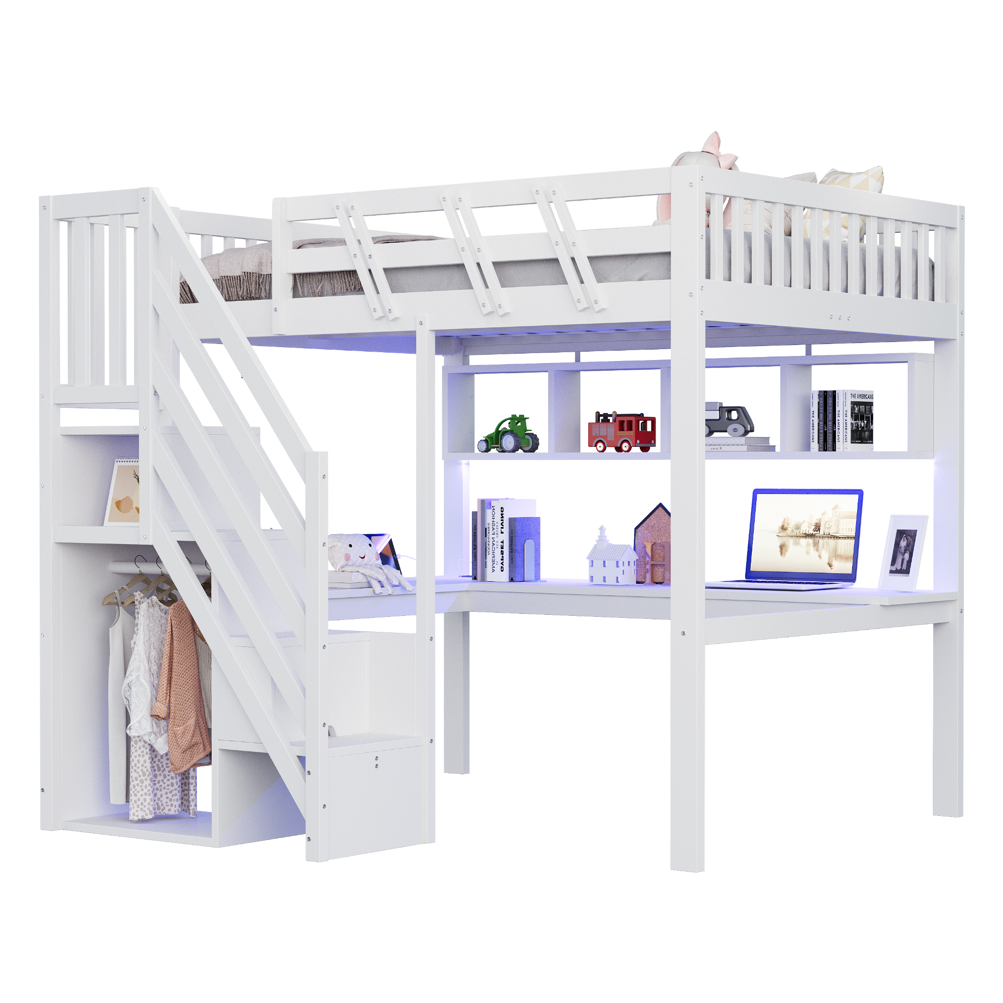 Lit enfant 140 x 200 cm avec bureau, LED, ports de charge, rangements, bois, Blanc - fonctions