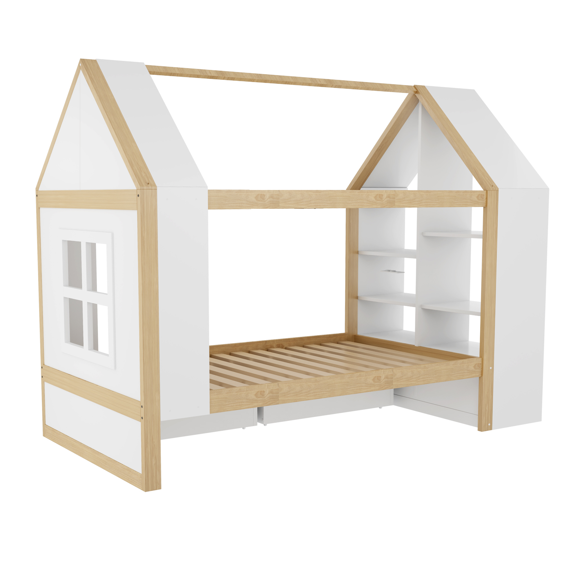 Lit cabane enfant 90 x 200 cm, 2 tiroirs, éclairage LED latéral, bois massif et MDF, blanc et effet bois naturel, 235 x 95 x 154,5 cm 🏠 - points forts 1