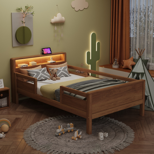 Lit enfant finition bois avec lampe LED et ports USB Type-C