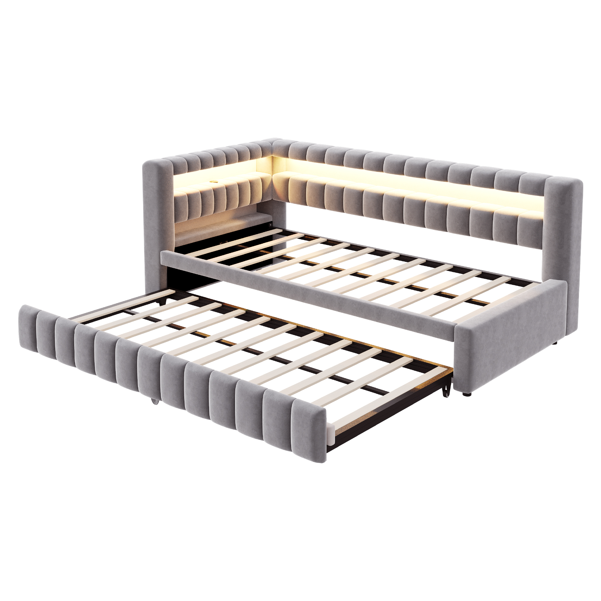 Lit banquette convertible 90x200 cm,en velours,couchage gigogne,éclairage LED,ports USB et Type-C,gris clair et gris,lit 1 place,lit avec rangement intégré