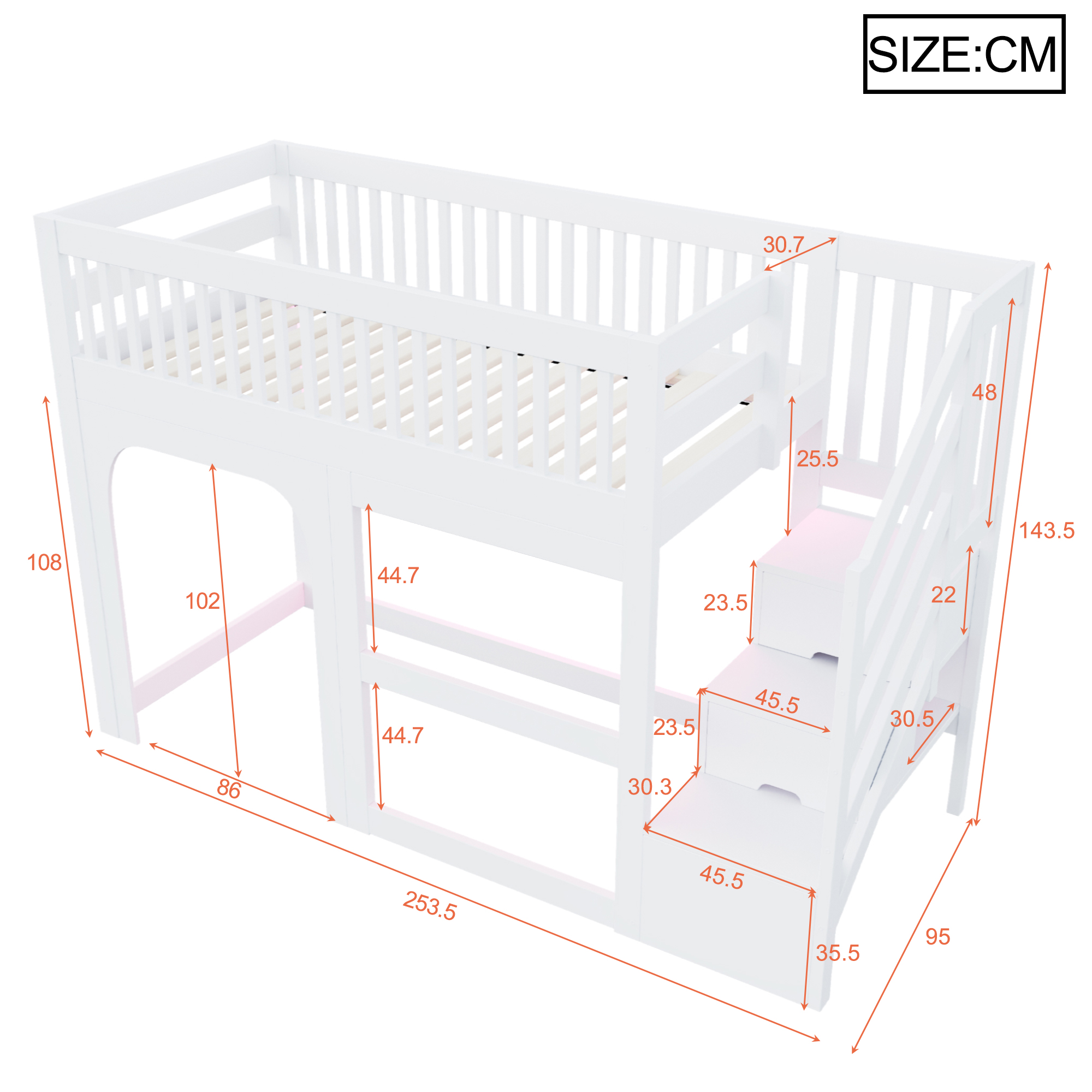 Dimensions et fonctions de Lit mezzanine en bois 90 x 200 cm avec éclairage LED, rangements et barrières de sécurité, Blanc
