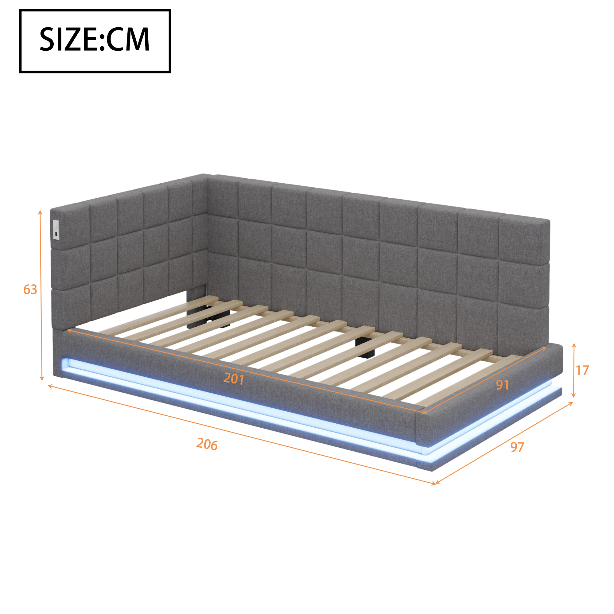 Lit canapé 90x200 lin gris LED
