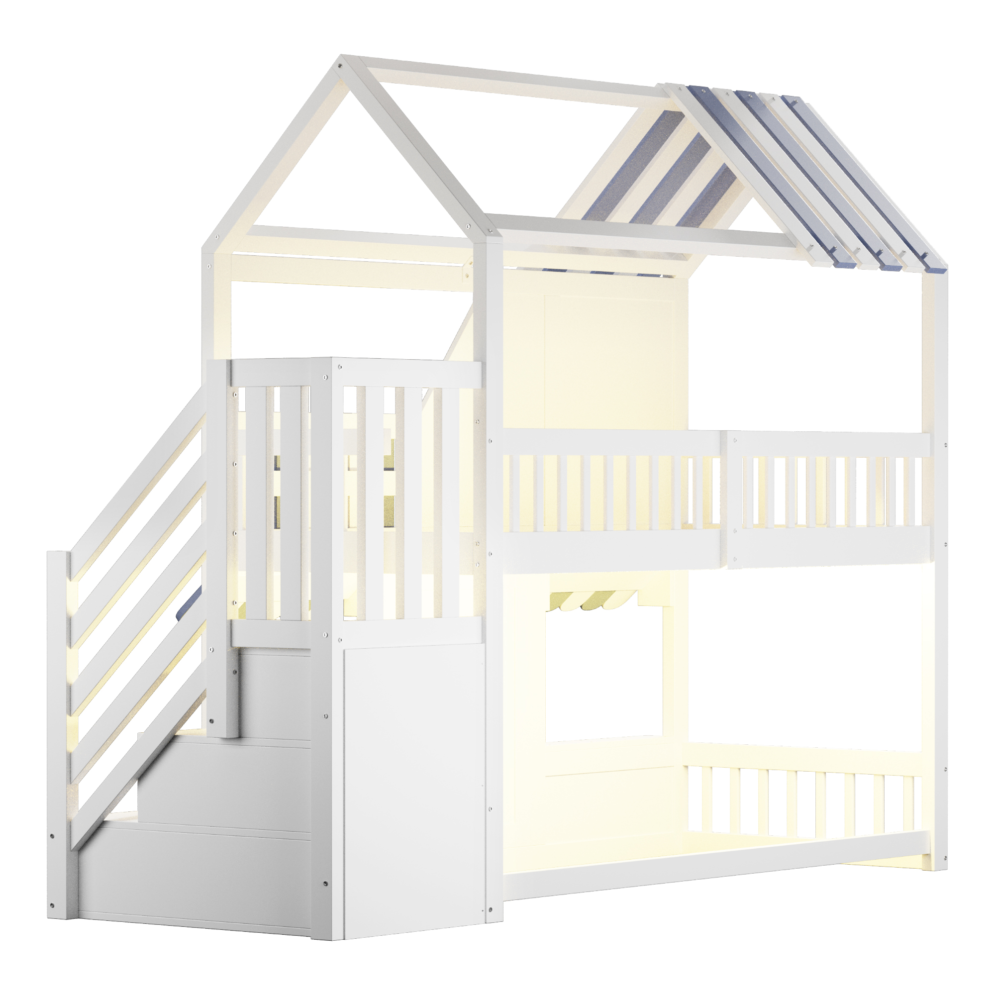 Lit superposé 90 x 200 cm avec échelle avec rangement, LED, rangements, bois, Blanc et bleu - vue complémentaire