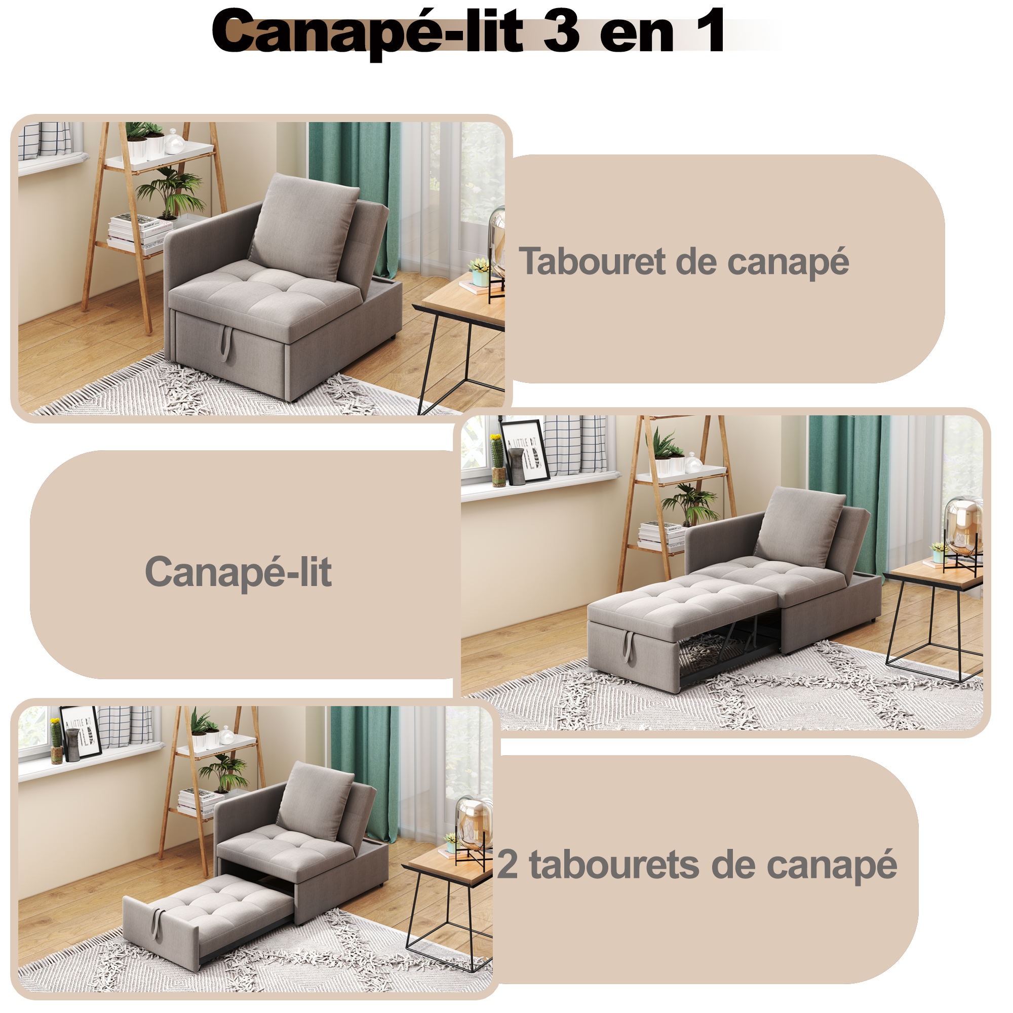 Canapé-lit convertible 3-en-1 (sofa, fauteuil lounge, lit simple), en lin, pour petits espaces, chambres d'amis et bureau, design polyvalent, confort maximal, matériau respirant, style moderne fonctionnel - image 14
