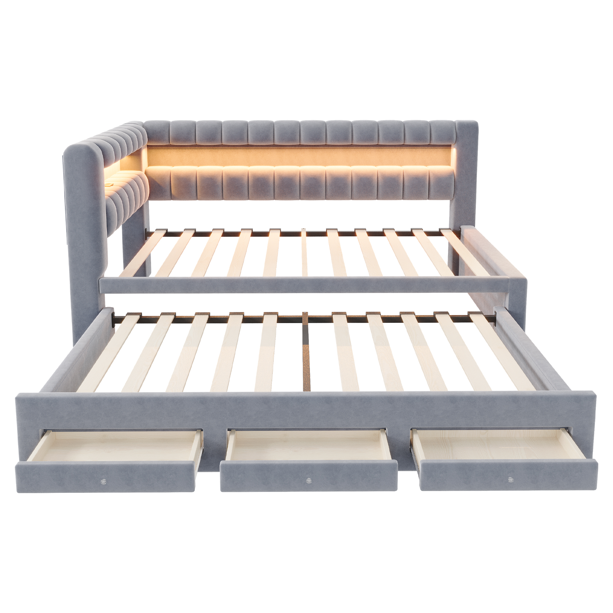 Lit banquette convertible 90x190 cm,en velours,couchage gigogne,éclairage LED,ports USB et Type-C,gris,lit 1 place,lit avec rangement intégré