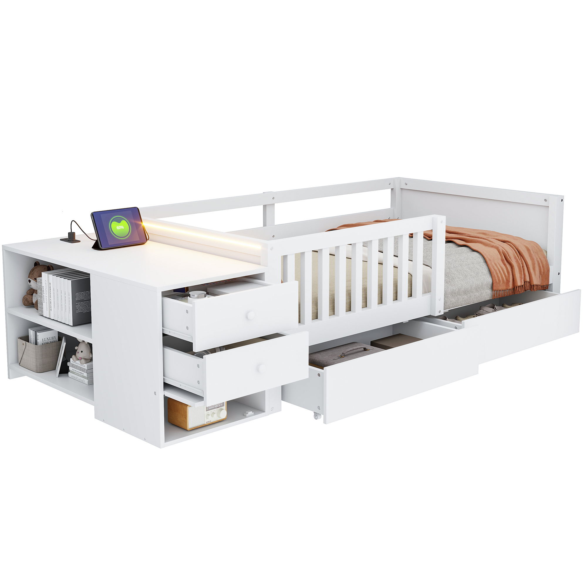 Lit enfant 90 x 200 cm avec 2 tiroirs, bureau, LED, ports de charge, bois, Blanc - fonctions