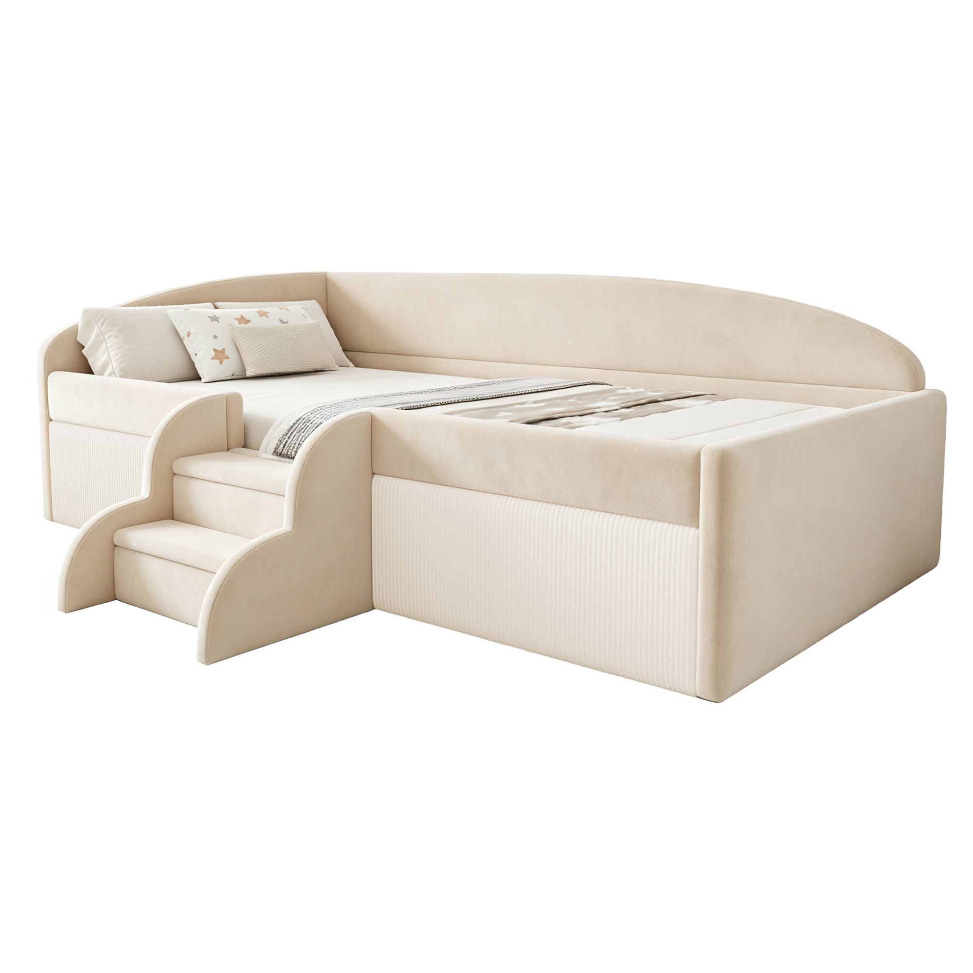 Détails de Lit rembourré en velours 90 x 190 cm avec protection rembourrée et sommier à lattes, Beige, sans matelas