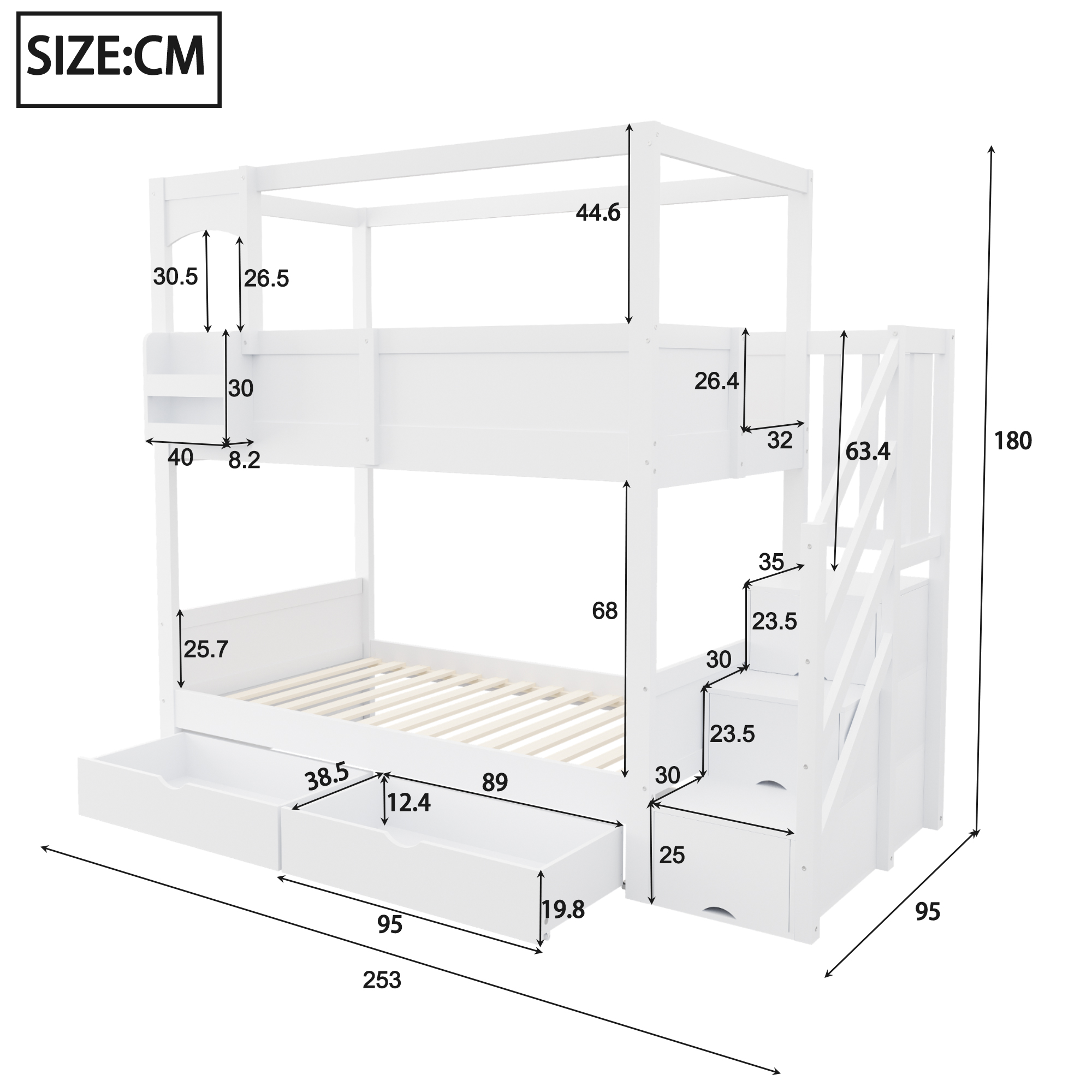 Lit superposé 90 x 200 cm, escalier, 2 tiroirs, design cabane, garde-corps, bois de pin, contreplaqué et MDF, blanc, 253 x 95 x 180 cm 🏠 - vue complémentaire 1