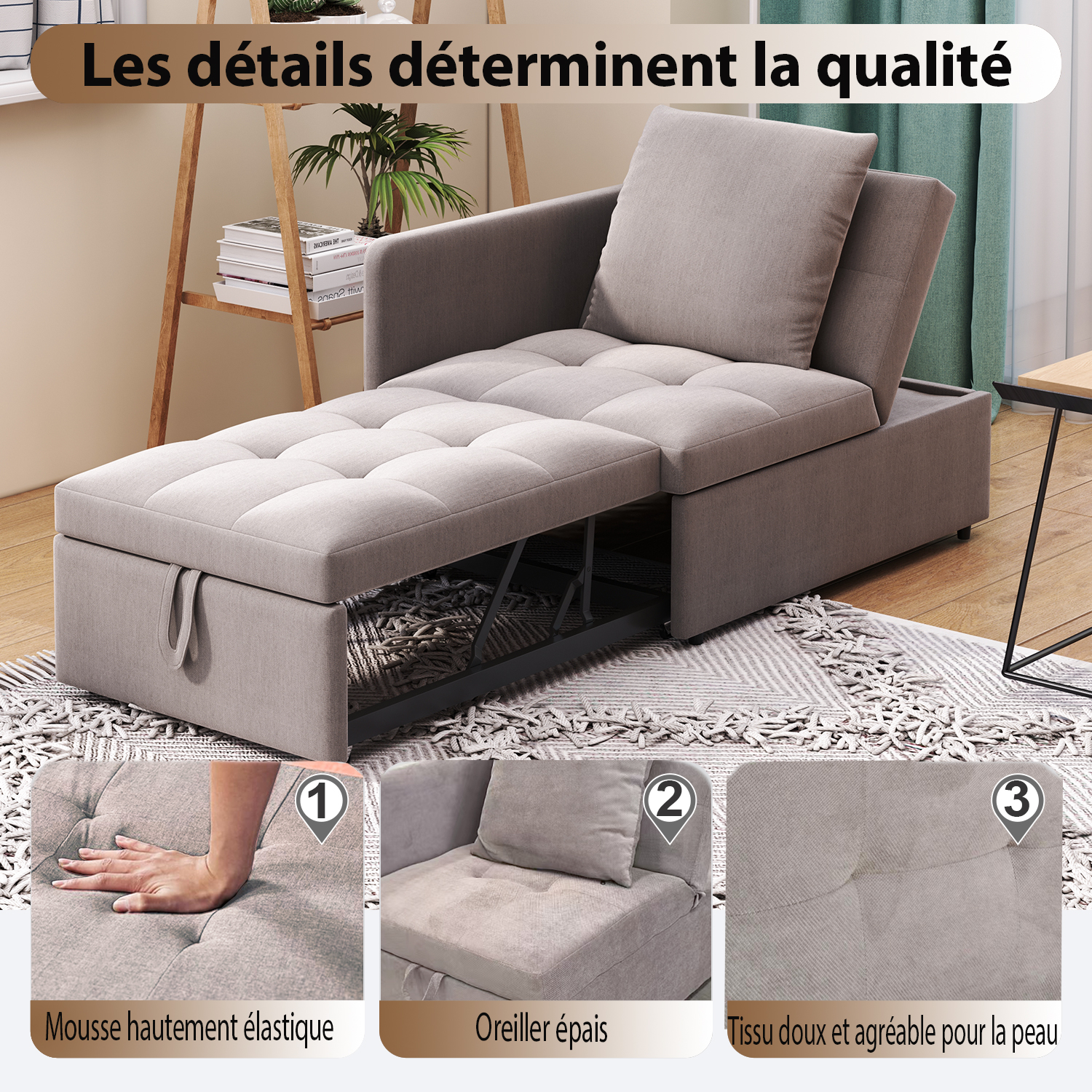 Canapé-lit convertible 3-en-1 (sofa, fauteuil lounge, lit simple), en lin, pour petits espaces, chambres d'amis et bureau, design polyvalent, confort maximal, matériau respirant, style moderne fonctionnel - image 19