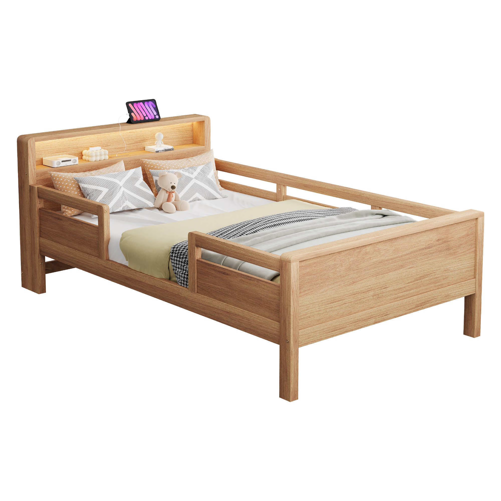 Lit enfant 90 x 200 cm, éclairage LED intégré à la tête de lit, USB et USB-C, rangements intégrés, bois de pin, effet bois naturel, 213 x 95 x 80 cm - points forts 1