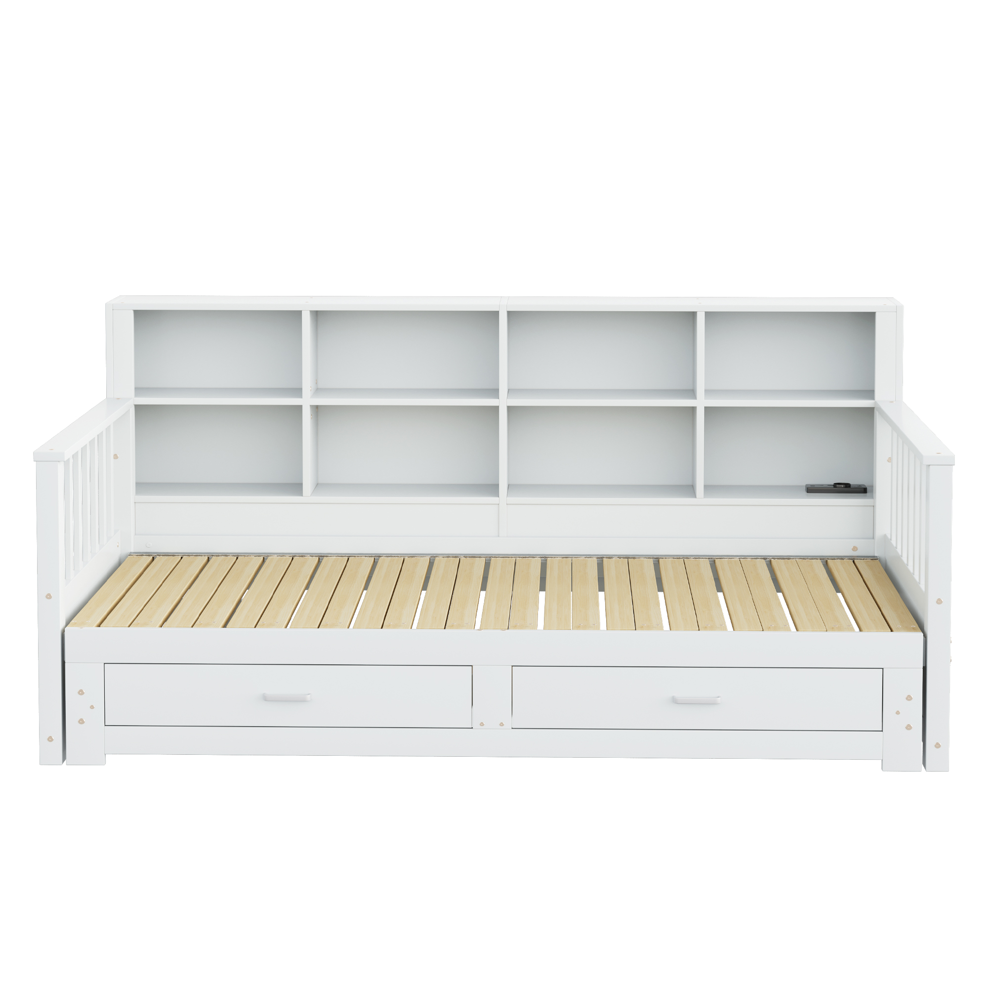 Canapé-lit en bois escamotable 90×190 à 180×190 cm, rangement dossier, prise, tiroir, pour chambre, conversion facile, beaucoup de stockage, recharge au lit, design multifonction, style pratique moderne - image 7