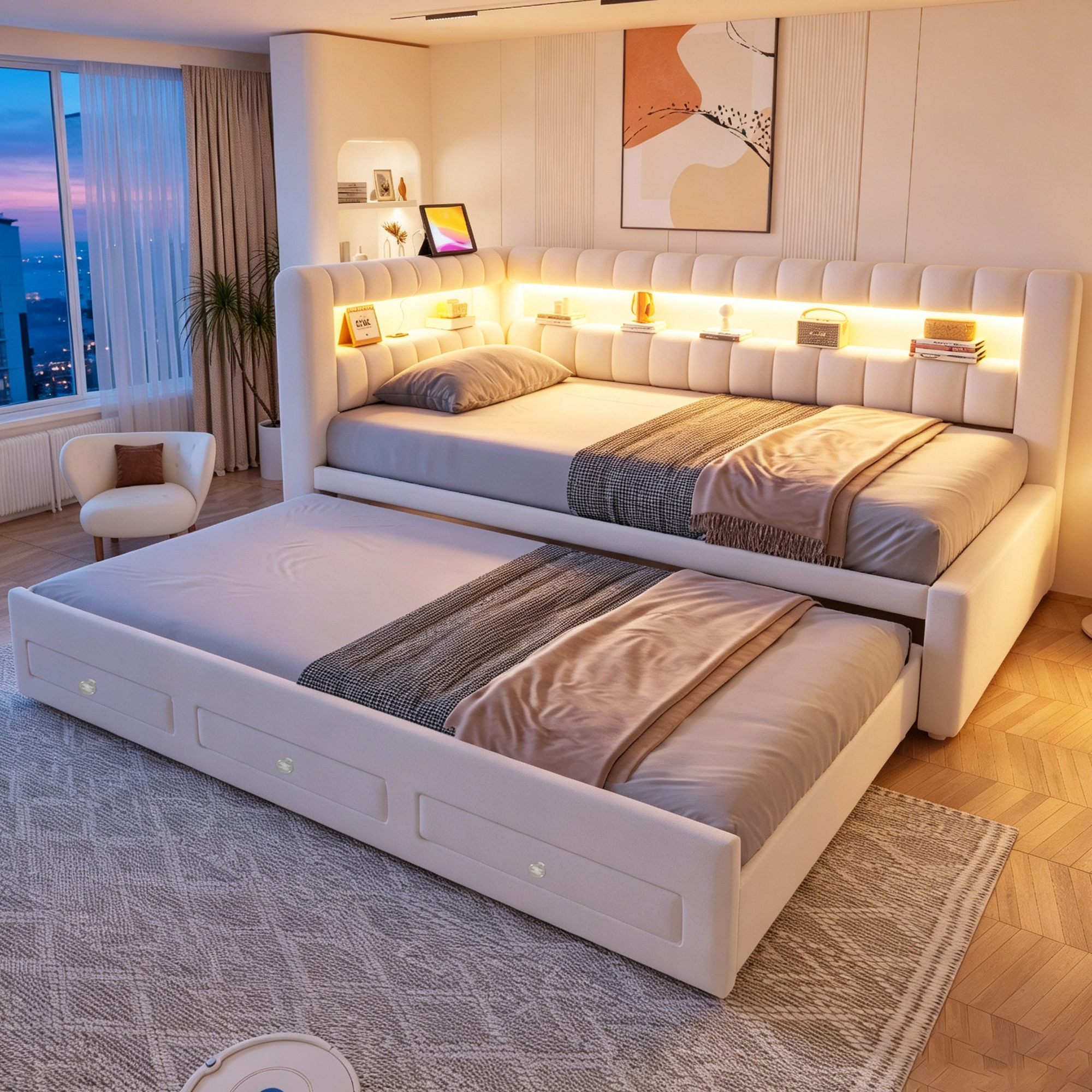 Lit banquette convertible 90x190 cm,en velours,couchage gigogne,éclairage LED,ports USB et Type-C,beige,lit 1 place,lit avec rangement intégré
