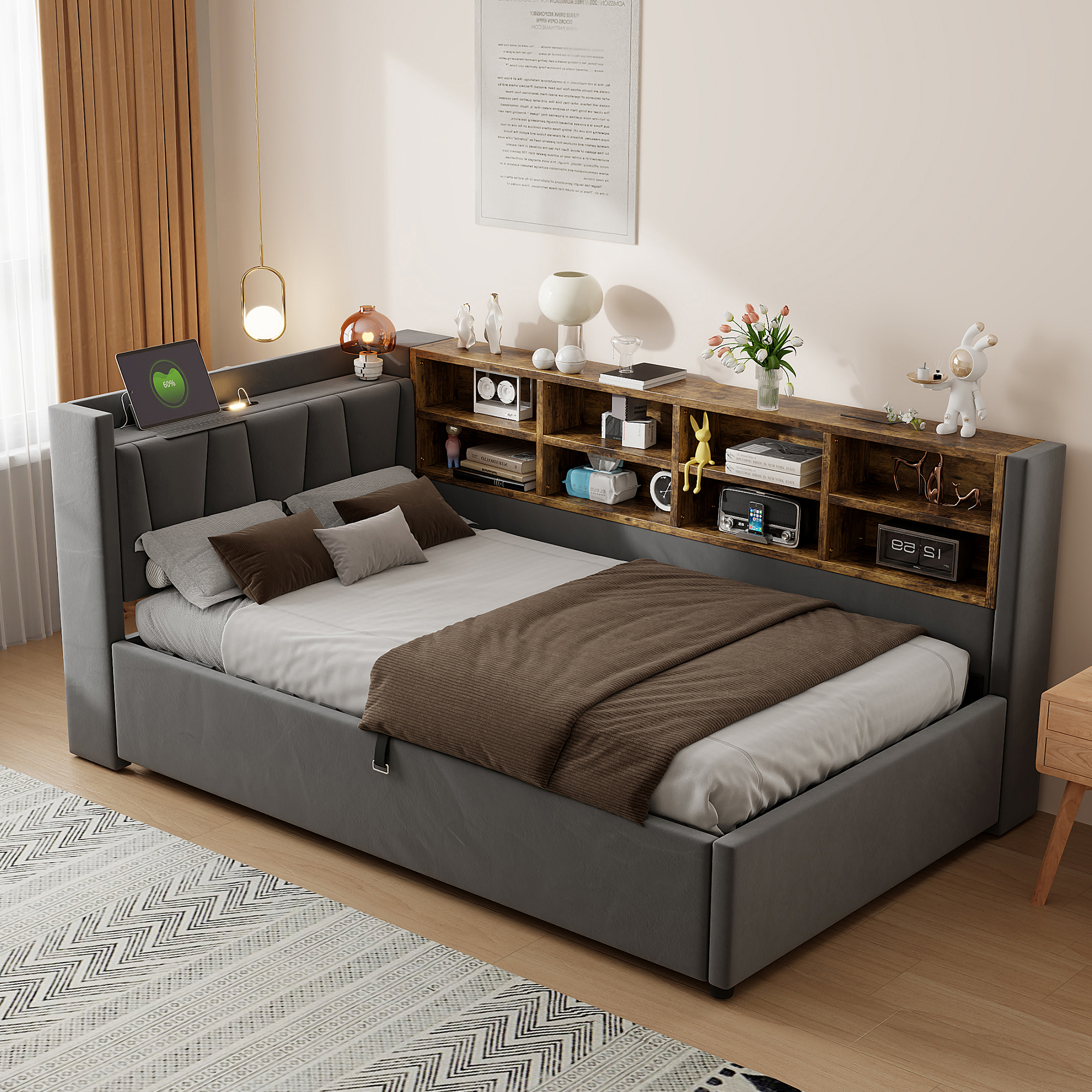Vue d'ensemble du lit banquette 90 x 200 cm en velours gris foncé avec dossier capitonné et bibliothèque intégrée
