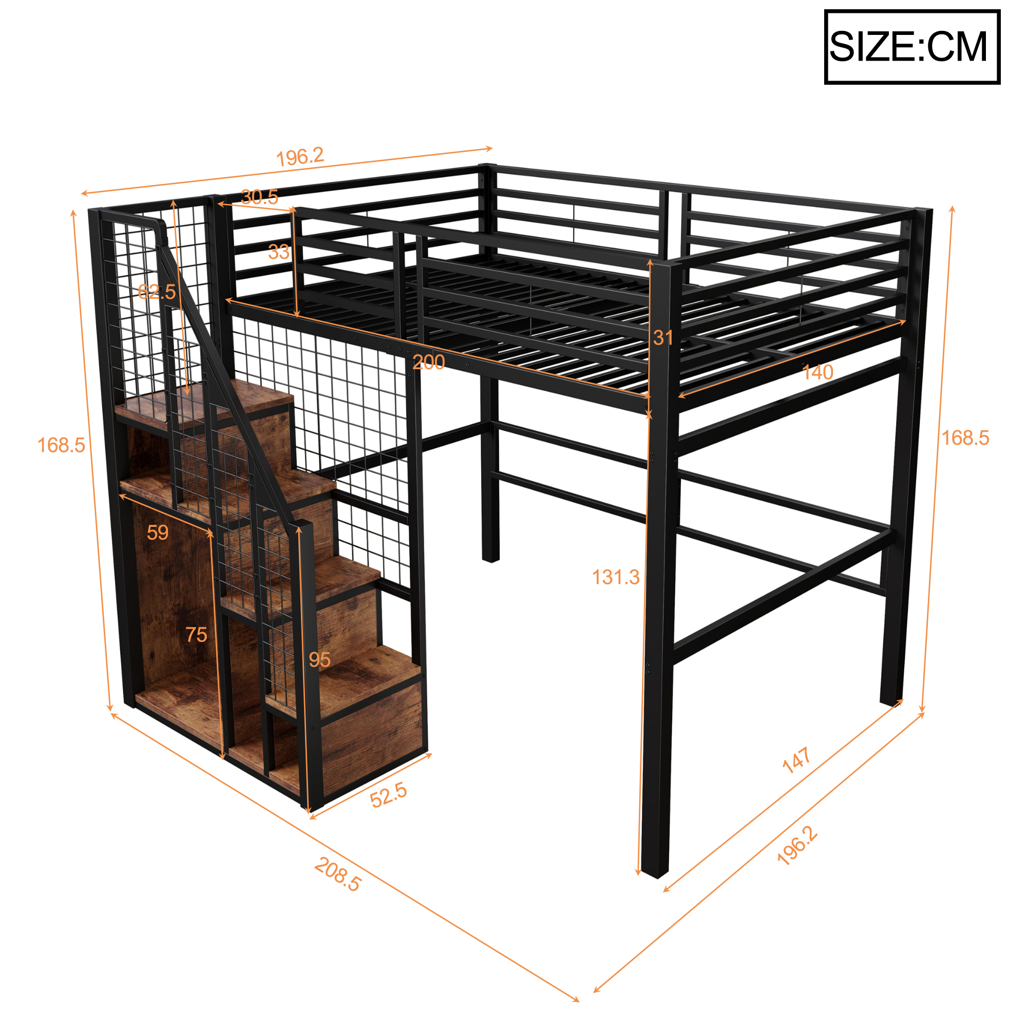 Lit mezzanine en métal 140 x 200 cm avec rangement penderie, escalier et espace inférieur noir vue détaillée
