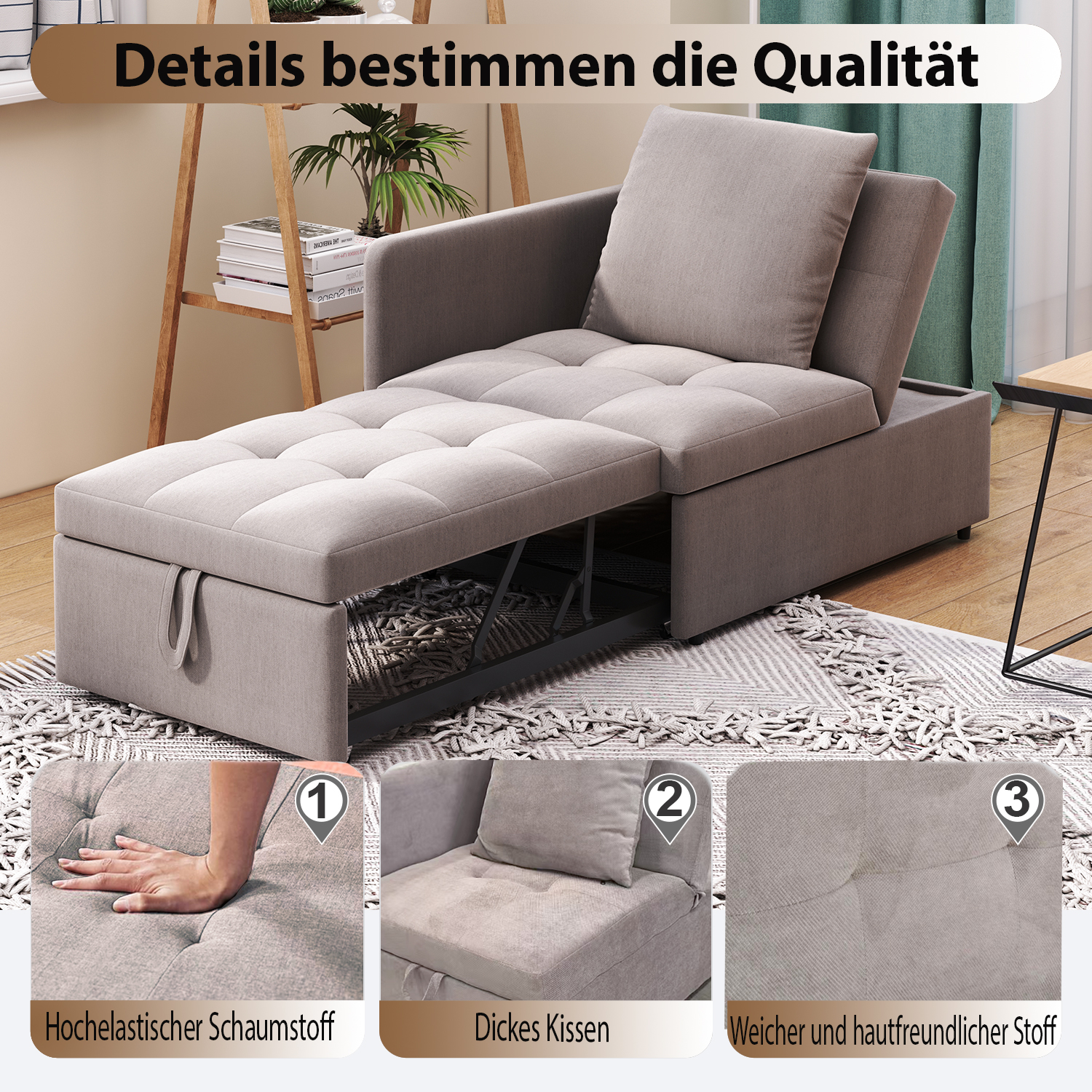 Canapé-lit convertible 3-en-1 (sofa, fauteuil lounge, lit simple), en lin, pour petits espaces, chambres d'amis et bureau, design polyvalent, confort maximal, matériau respirant, style moderne fonctionnel - image 18