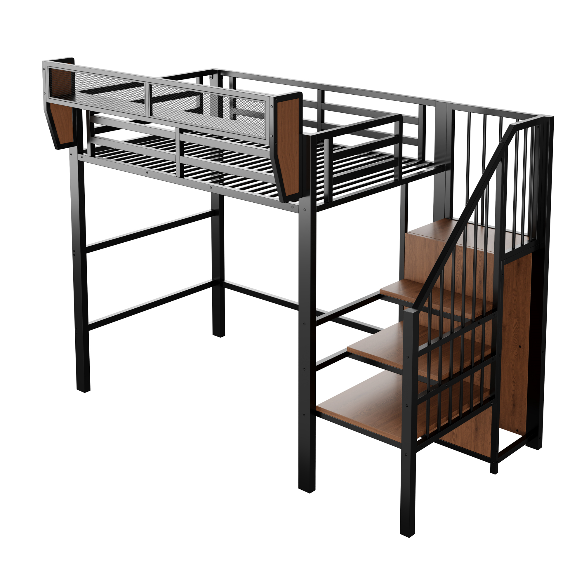 Lit mezzanine 90x200 cm avec LED, bureau, étagères et rangements, métal Noir - points forts 1