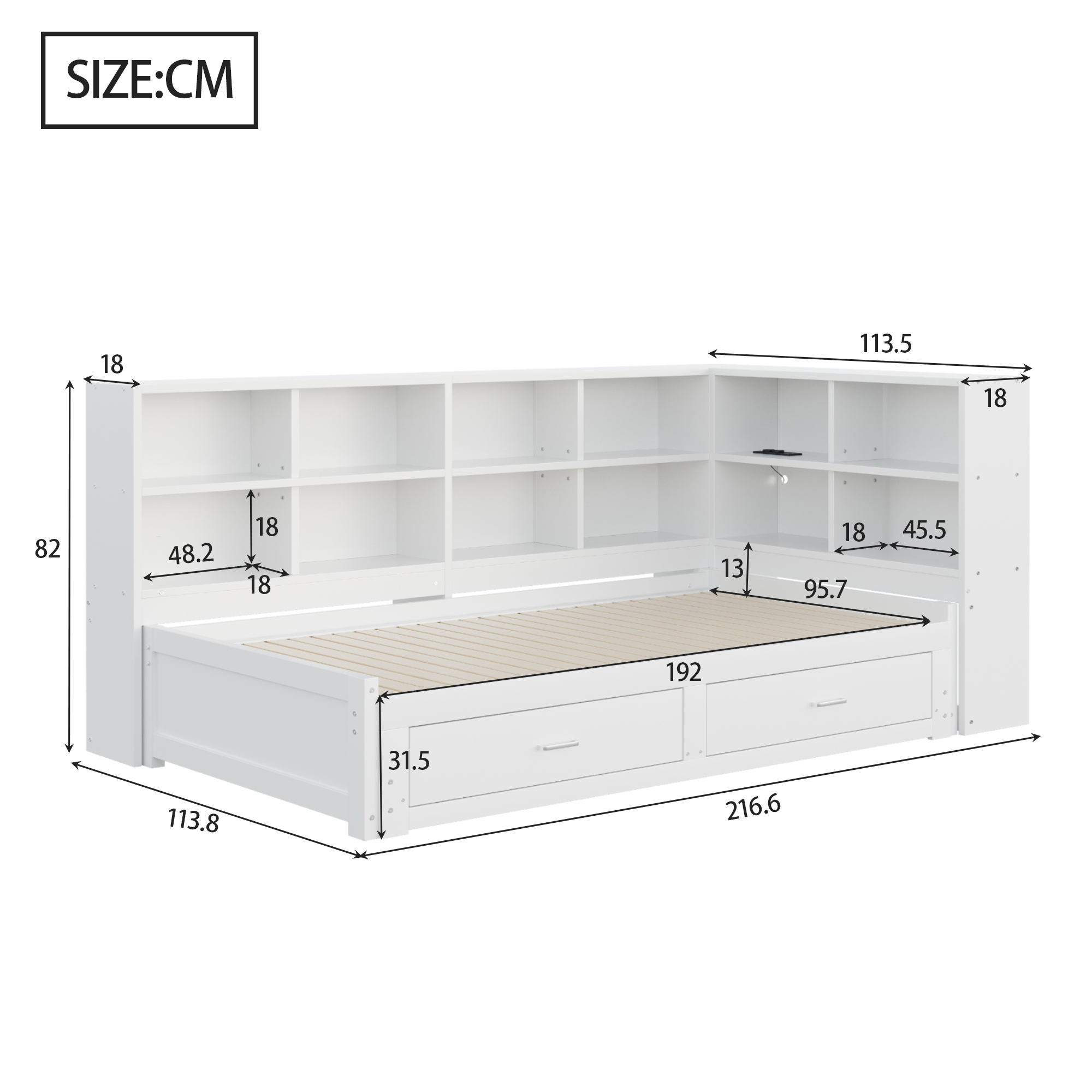 Canapé-lit en bois massif escamotable 90→180×190 cm, prise multifonction, étagères tête + 2 tiroirs, pour salon et chambre, beaucoup de rangement, couchage spacieux, recharge au lit, design moderne, stabilité, fonctionnalité - image 8