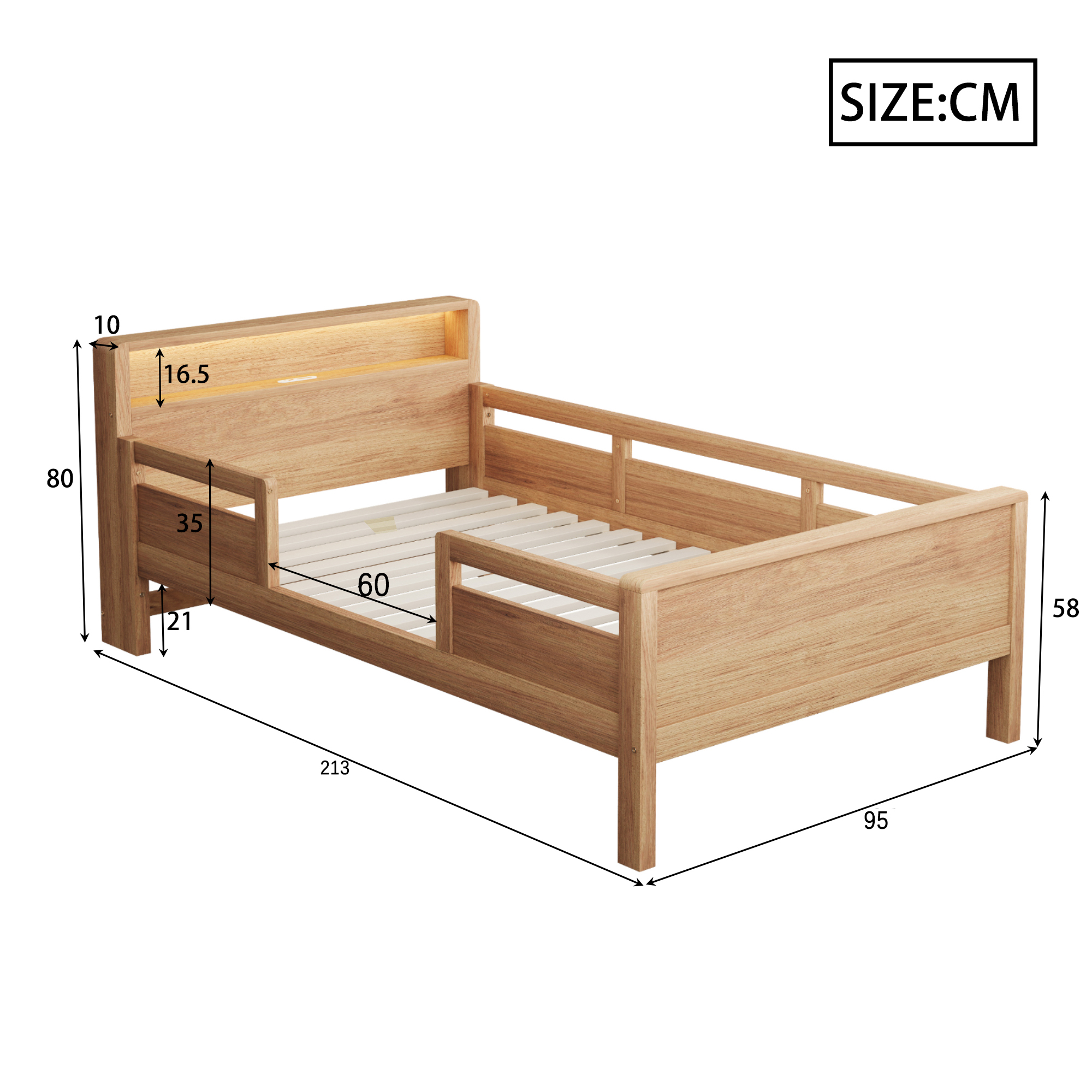 Lit enfant 90 x 200 cm, éclairage LED intégré à la tête de lit, USB et USB-C, rangements intégrés, bois de pin, effet bois naturel, 213 x 95 x 80 cm - vue complémentaire 1